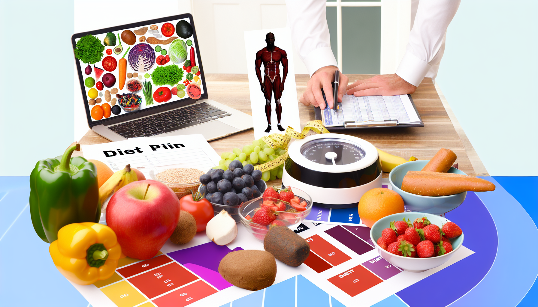 low-carb-diäten: grundlagen, vorteile und wirkungen 4 ein bild, das das konzept von diã¤ten veranschaulicht. zeigen sie eine auswahl an vielfã¤ltigen, gesunden lebensmitteln wie obst, gemã¼se, mageren proteinen und vollkornprodukten, die auf einem tisch angeordnet sind. fã¼gen sie eine person hinzu, einen schwarzen mann, der eine kã¼chenwaage benutzt, um portionen sorgfã¤ltig abzuwiegen. im hintergrund sind einige diã¤tplã¤ne und ein laptop zu sehen, der ein fitnessprogramm zeigt. verwenden sie helle, lebendige farben, um das bild motivierend und ansprechend zu gestalten.
