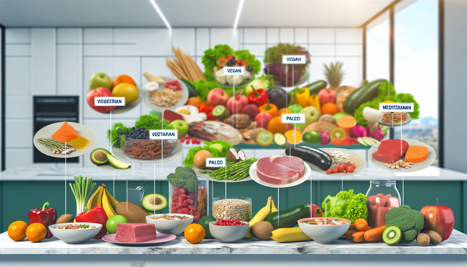 intervallfasten: grundlagen, methoden und gesundheitsvorteile 4 ein bild, das eine vielzahl gesunder ernã¤hrungsweisen zeigt. die szene umfasst eine prã¤sentation verschiedener nahrhafter lebensmittel, darunter obst, gemã¼se, mageres eiwei㟠und vollkornprodukte. die lebensmittel sind nach ihrem nã¤hrstoffgehalt gruppiert, mit beschriftungen, die verschiedene diã¤tarten wie vegetarisch, vegan, paleo und mediterran anzeigen. jeder diã¤tbereich enthã¤lt eine kombination aus gerichten und rohen zutaten, die mit dieser speziellen diã¤t verbunden sind. der hintergrund zeigt eine saubere, hell erleuchtete kã¼che, die die frischen und lebendigen farben der lebensmittel hervorhebt.