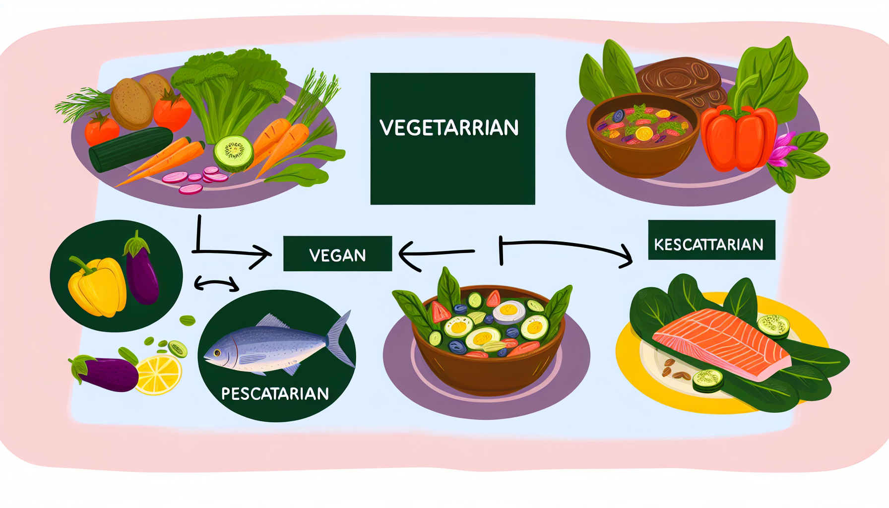 grundlagen der diät: tipps und strategien für die ernährung 2 eine informative illustration, die verschiedene arten von diã¤ten zeigt. die vegetarische diã¤t kã¶nnte durch eine fã¼lle von frischem gemã¼se und obst dargestellt werden, die vegane diã¤t durch mehrere pflanzliche mahlzeitenoptionen, die pescetarische diã¤t durch eine ausgewogene mahlzeit mit fisch und gemã¼se und die ketogene diã¤t durch eiweiãŸreiche und kohlenhydratarme lebensmittel.