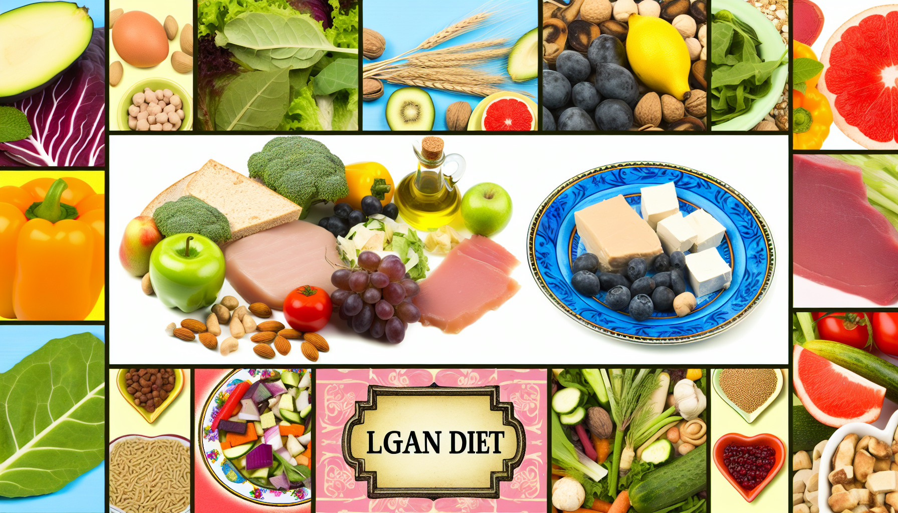 die vorteile der mediterranen diät für die gesundheit 3 eine collage, die eine vielzahl von diã¤ten darstellt, einschlieãŸlich der mediterranen diã¤t mit frischen frã¼chten, gemã¼se und olivenã¶l, der kohlenhydratarmen diã¤t, die fleisch und blattgemã¼se zeigt, und einer veganen diã¤t, die eine reihe von pflanzlichen lebensmitteln wie tofu, getreide, gemã¼se, frã¼chte und nã¼sse illustriert. alle lebensmittel sind auf bunten tellern angerichtet, umgeben von dem entsprechenden diã¤tlabel, das in geschwungener schrift geschrieben ist.