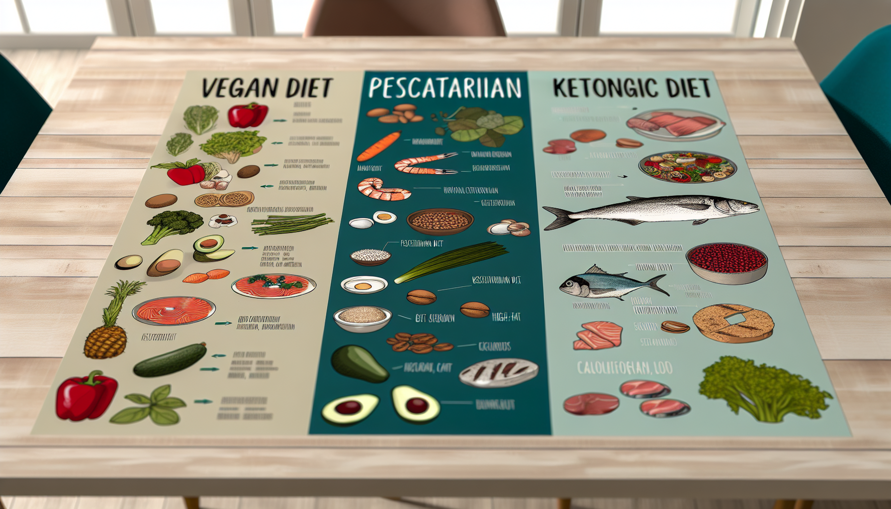 die vorteile der mediterranen diät für die gesundheit 2 eine tabelle voller verschiedener diã¤tarten. auf der einen seite gibt es eine vegane ernã¤hrung mit einer vielzahl von frã¼chten, gemã¼se und pflanzlichen proteinen. in der mitte befindet sich eine pescetarische ernã¤hrung, die aus meeresfrã¼chten, gemã¼se und getreide besteht. auf der anderen seite gibt es eine ketogene ernã¤hrung, die sich auf fettreiche, kohlenhydratarme lebensmittel wie eier, avocado und mageres fleisch konzentriert. gesundheitsindikatoren wie nã¤hrstoffgehalt, kalorienanzahl und vorteile werden neben jeder diã¤t auf informative und ã¤sthetisch ansprechende weise prã¤sentiert.