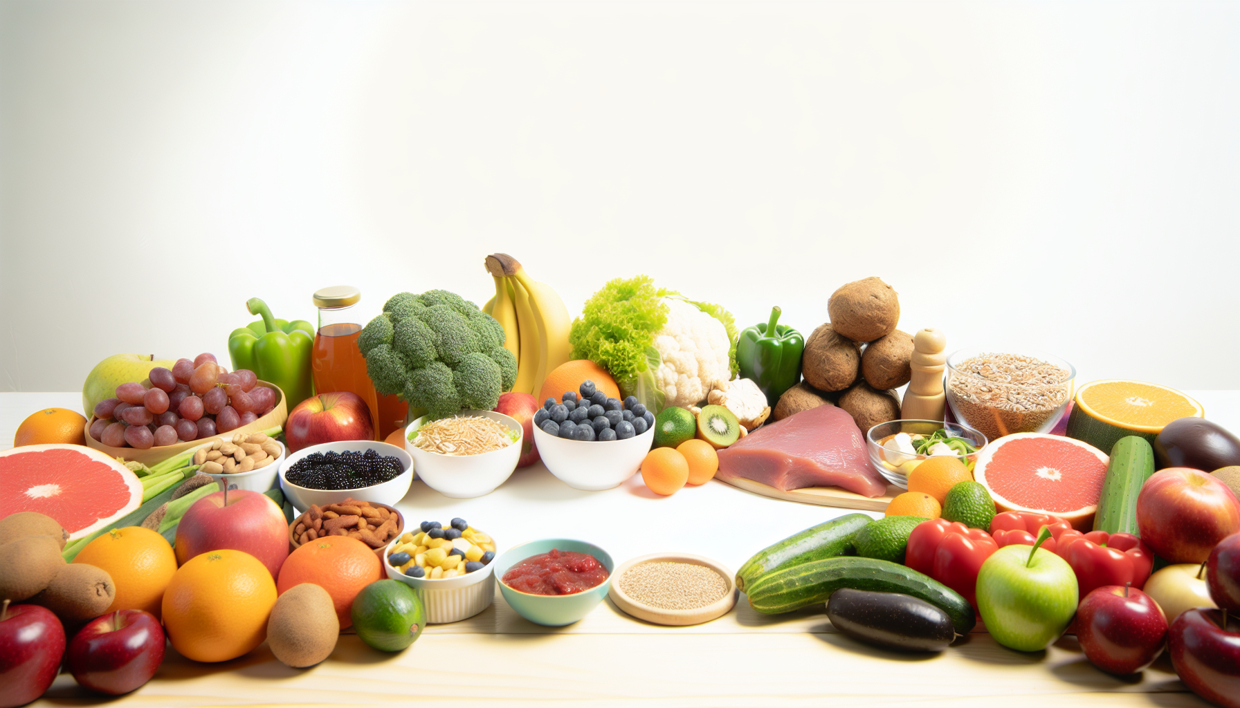 intermittierendes fasten: grundlagen, methoden und vorteile 3 eine auswahl verschiedener gesunder lebensmittel, die schã¶n auf einem tisch arrangiert sind, einschlieãŸlich obst, gemã¼se, mageren proteinquellen und vollkornprodukten, die typischerweise in einer ausgewogenen ernã¤hrung enthalten sind.