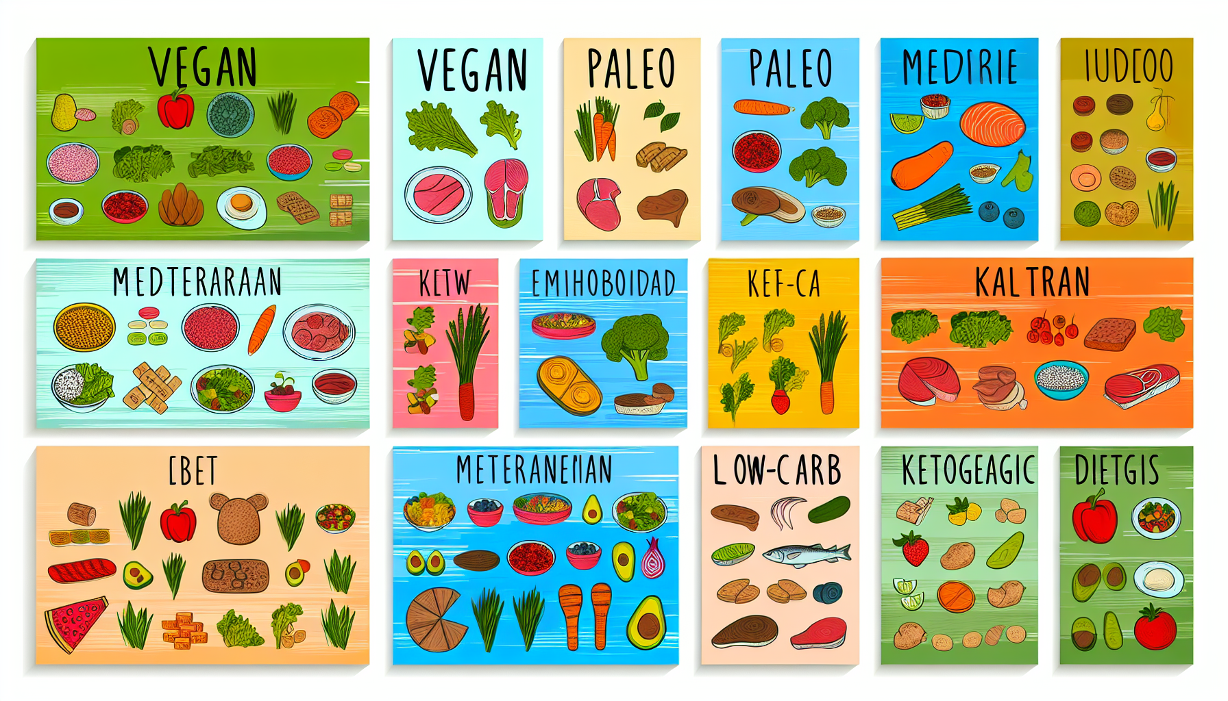 grundlagen der diät: tipps und strategien für die ernährung 3 eine ãœbersicht verschiedener diã¤ten, die auf organisierte weise dargestellt wird. sie umfasst vegane, palã¤o, mediterrane, kohlenhydratarme und ketogene diã¤ten. die illustrationen zeigen eine vielzahl von bunten und nahrhaften lebensmitteloptionen, essensplã¤nen und portionsgrã¶ãŸen, die die einzigartigkeit jeder diã¤t hervorheben.