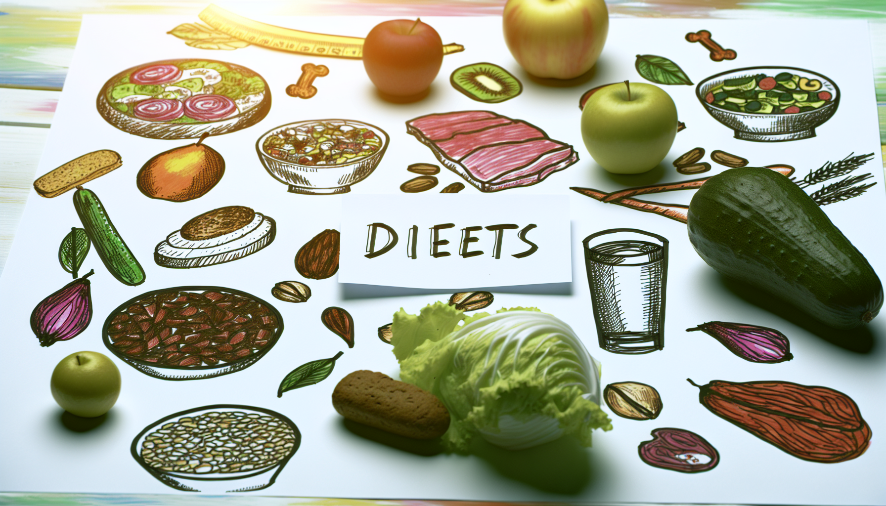 intervallfasten: grundlagen, methoden und gesundheitsvorteile 3 eine detaillierte darstellung einer vielzahl gesunder lebensmittel, wie obst, gemã¼se, vollkornprodukte und mageres fleisch, die hã¤ufig mit einer ausgewogenen ernã¤hrung in verbindung gebracht werden. die szene kã¶nnte auch kleinere portionen zeigen, um moderates essen zu veranschaulichen, sowie ein wasserglas, um die hydration zu symbolisieren. zusã¤tzlich ist eine handgeschriebene notiz mit dem wort 'diã¤ten' deutlich im bild zu sehen.