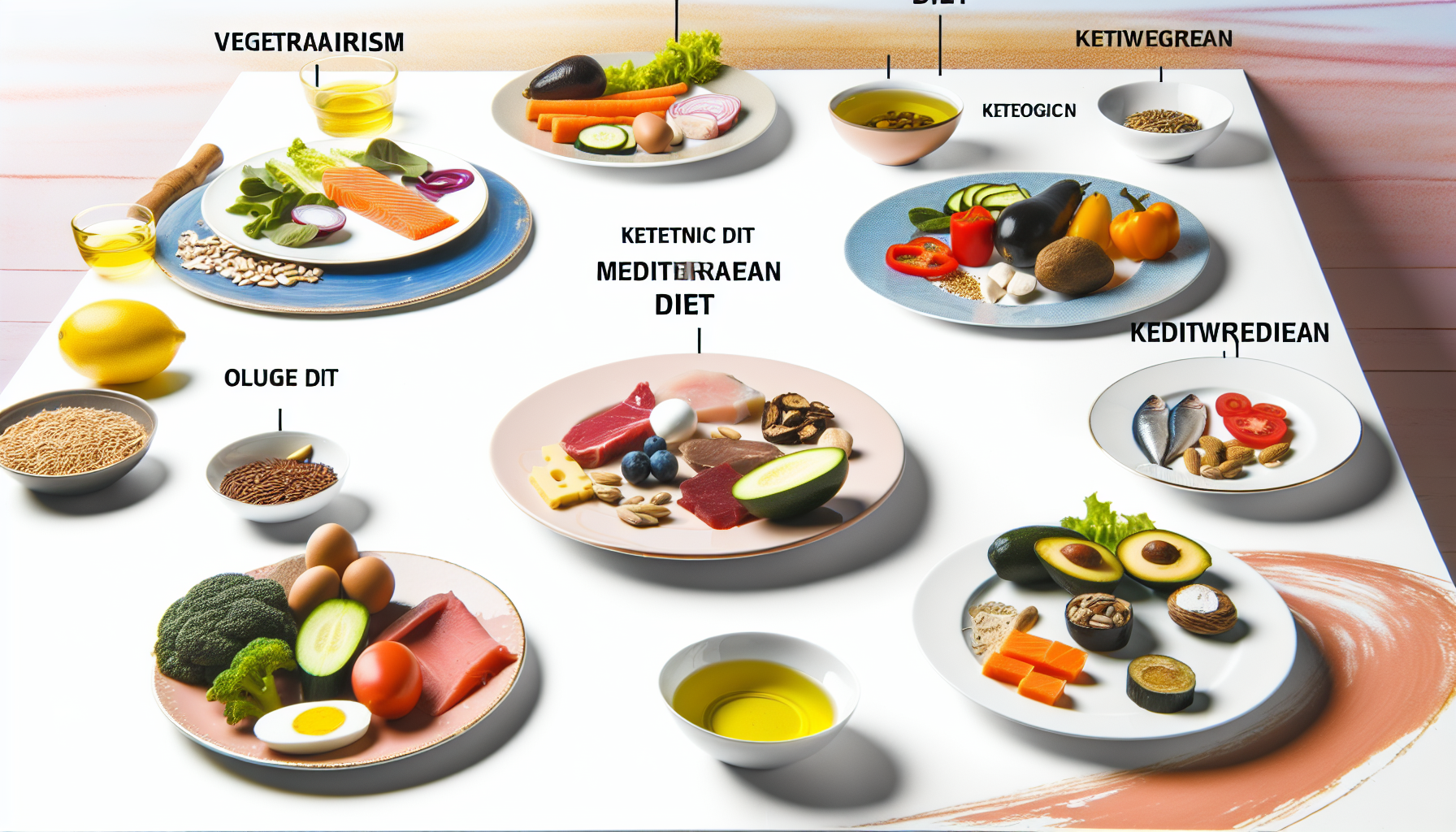 intermittierendes fasten: grundlagen, methoden und vorteile 2 ein bild, das verschiedene arten von diã¤ten darstellt. vegetarismus wird mit einem teller voller bunter gemã¼se reprã¤sentiert, die ketogene diã¤t mit einer platte aus fleisch und fetten, die mediterrane diã¤t mit wesentlichen zutaten wie olivenã¶l, frischen frã¼chten, gemã¼se, fisch und vollkornprodukten, und die rohkostdiã¤t mit einer auswahl an ungekochtem obst und gemã¼se. diese teller sind ordentlich auf einem weiãŸen tisch angeordnet, jeder mit einem etikett in englischer sprache, das die art der diã¤t bezeichnet. weiches, neutrales licht sorgt fã¼r eine warme atmosphã¤re im bild.