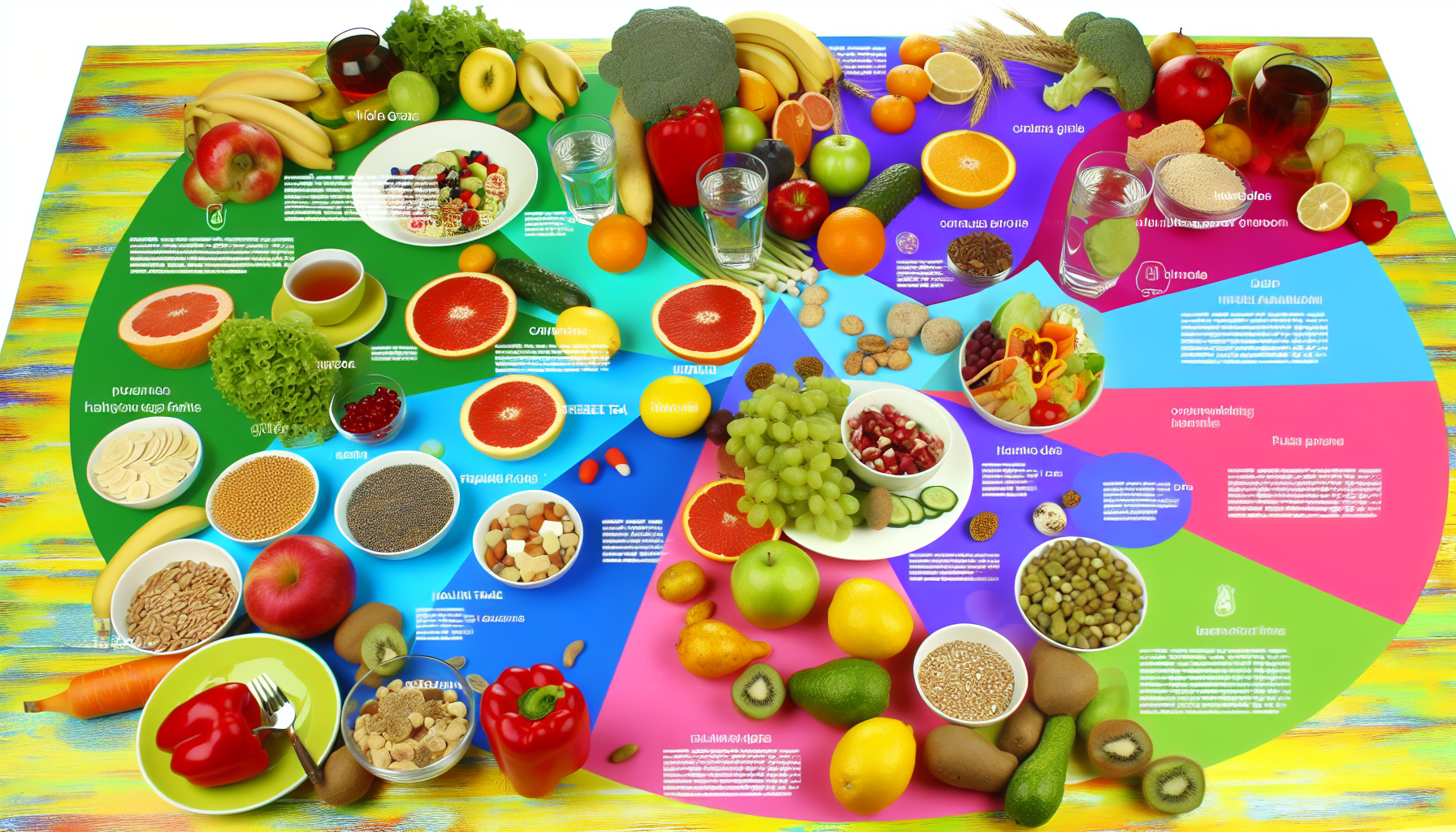 intermittierendes fasten: definition und vorteile 3 eine vielzahl von gesunden und ausgewogenen ernã¤hrungsweisen, die obst, gemã¼se, mageres eiwei㟠und vollkornprodukte umfassen. das bild sollte eine breite auswahl an frischen, bunten lebensmitteln zeigen, die kã¼nstlerisch auf einem lebhaften tischarrangement angeordnet sind. es kã¶nnte etwas wasser und grã¼ner tee als gesunde getrã¤nke geben. darã¼ber hinaus kã¶nnen infografiken oder einfache textanmerkungen, die die spezifischen vorteile bestimmter lebensmittel angeben, hinzugefã¼gt werden.