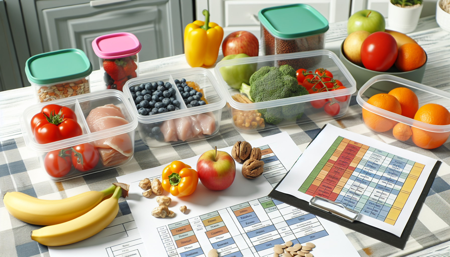 low-carb-diäten: grundlagen, vorteile und wirkungen 2 eine auswahl gesunder diã¤ten und lebensmittel auf einem kã¼chentisch, einschlieãŸlich frischer frã¼chte, gemã¼se, magerem eiwei㟠und vollkornprodukten. das bild zeigt auch meal-prep-behã¤lter und einen ernã¤hrungsplan, der mit portionen und tã¤glichen einnahmeempfehlungen fã¼r einen ausgewogenen lebensstil gekennzeichnet ist.