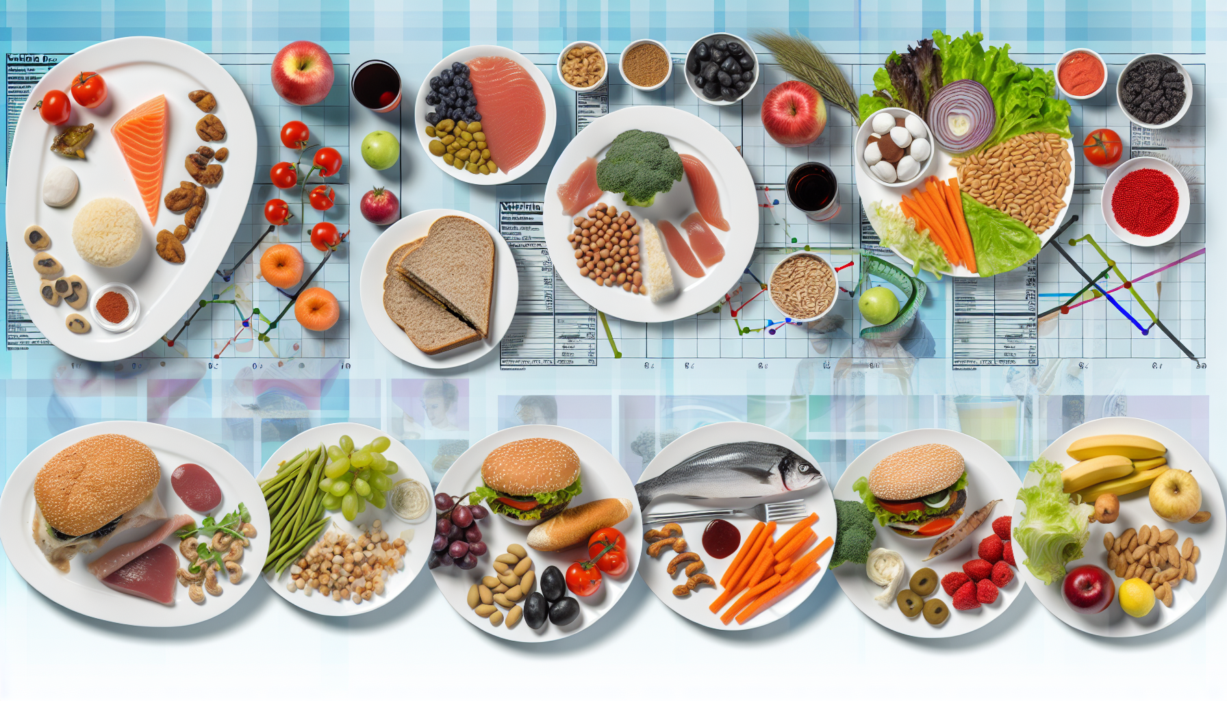 intermittierendes fasten: grundlagen, methoden und vorteile 4 eine vielzahl gesunder ernã¤hrungsweisen wird visuell mit einer auswahl an lebensmitteln dargestellt. einige teller bestehen aus proteinreichen lebensmitteln, wã¤hrend andere mit vollkornprodukten, hã¼lsenfrã¼chten und frã¼chten gefã¼llt sind. eine diã¤t kã¶nnte im mediterranen stil gehalten sein, mit oliven, fisch und vollkornbrot, wã¤hrend eine andere den veganen lebensstil zeigt, der mit buntem gemã¼se und nã¼ssen gefã¼llt ist. zum vergleich erscheint auch eine typische fast-food-mahlzeit mit burger, pommes und limonade. der hintergrund deutet subtil auf ernã¤hrungstabellen und diã¤tetische richtlinien hin, um einen wissenschaftlichen kontext zu bieten.