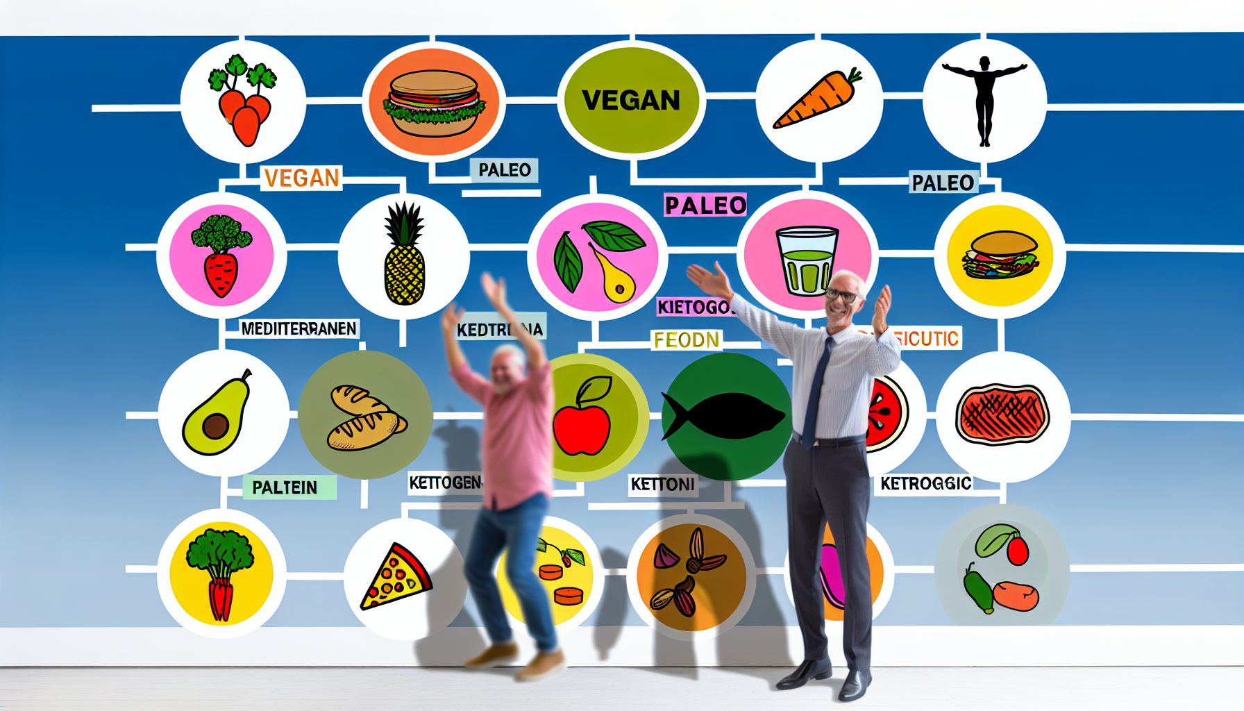 die grundlagen der ketogenen diät und ihre vorteile 3 eine visuelle darstellung, die verschiedene arten von diã¤ten zeigt, wie vegan, paleo, mediterran, ketogen und so weiter. fã¼gen sie grafiken und symbole hinzu, die die allgemeinen lebensmittel darstellen, die in jeder diã¤t enthalten sind. zeigen sie auch menschen unterschiedlicher abstammung und geschlechter, die von diesen diã¤ten profitieren und sie in ihren lebensstil integrieren, wobei glã¼ck und zufriedenheit zum ausdruck kommen.