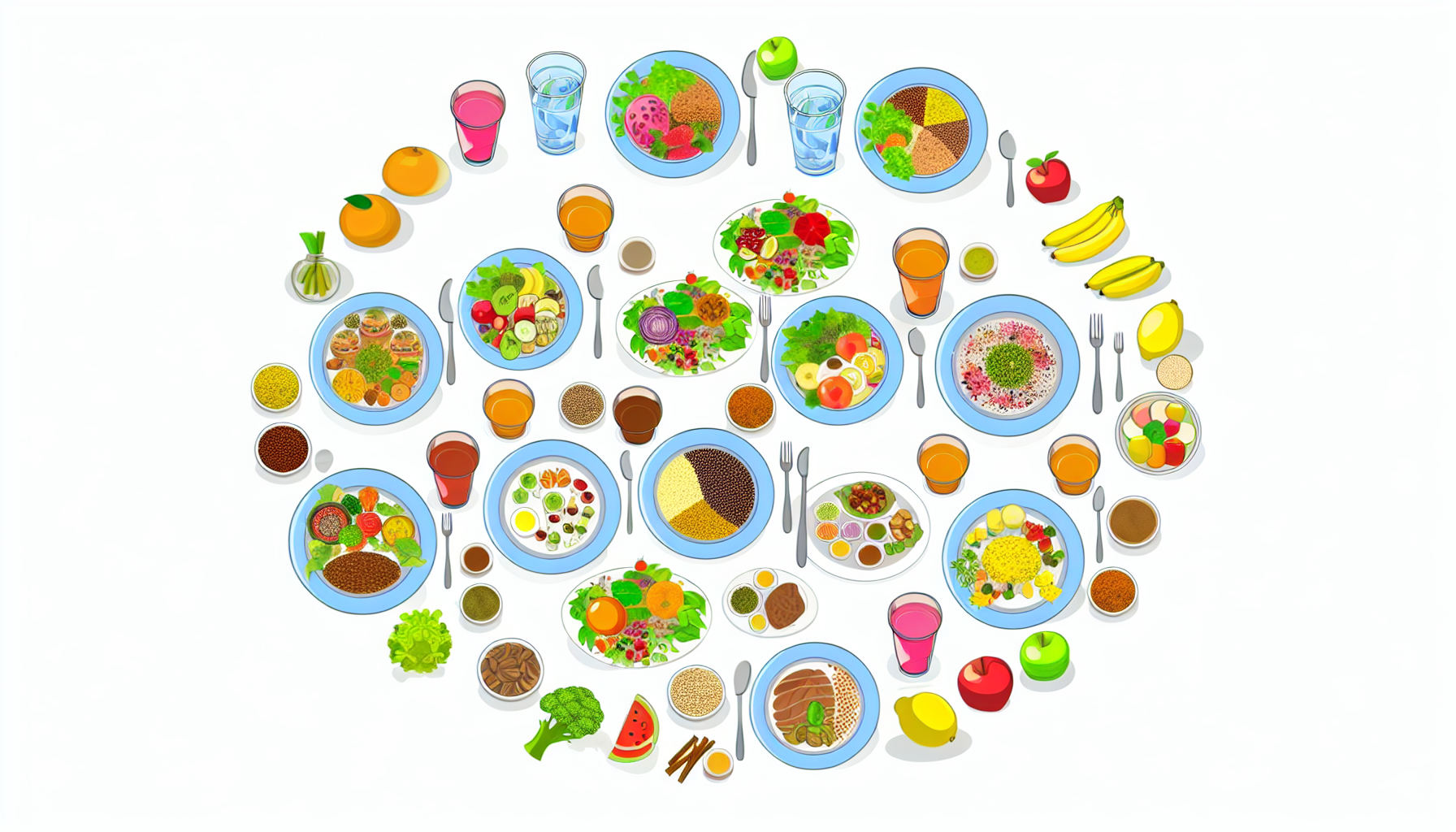 die mediterrane diät: definition, vorteile und tipps 2 eine illustration, die eine vielzahl gesunder mahlzeiten und diã¤ten zeigt. das bild sollte ein gleichgewicht aus frã¼chten, gemã¼se, proteinen und getreide darstellen, die auf einem groãŸen runden tisch verteilt sind. jeder teller sollte farbenfroh mit gewã¼rzen und krã¤utern garniert sein, sodass das essen frisch und nahrhaft aussieht. fã¼gen sie einige glã¤ser mit frischen sã¤ften und wasser hinzu, um zu zeigen, dass hydration ebenfalls ein wesentlicher bestandteil einer gesunden ernã¤hrung ist. der gesamteindruck des bildes sollte leicht, hell und ein gefã¼hl von wohlbefinden und gesundheit vermitteln.