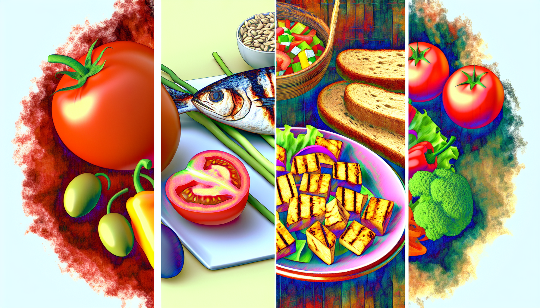 zuckerfreie diäten: vorteile, arten und tipps für den erfolg 3 eine visualisierung verschiedener ernã¤hrungsweisen. auf der linken seite ein detailliertes bild einer mahlzeit der mediterranen ernã¤hrung, bestehend aus oliven, tomaten, vollkornbrot und gegrilltem fisch. auf der rechten seite ein farbenfrohes bild einer veganen mahlzeit mit einem tofu-wokgericht, das eine vielzahl von gemã¼se wie paprika und brokkoli enthã¤lt. diese gerichte sind in lebendigen farben und mit schã¶nen details dargestellt, um die frischen, nahrhaften zutaten, die in diesen diã¤ten verwendet werden, zu betonen.