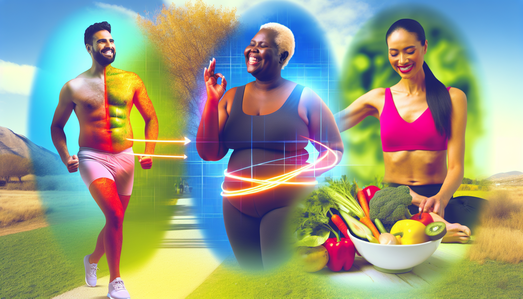 abnehmen: grundlagen, ernährung und psychologische aspekte 2 eine visualisierung von starker gesundheit und wohlbefinden im prozess des abnehmens. stellen sie sich ein vielfã¤ltiges szenario vor: ein mittelã¶stlicher mann joggt glã¼cklich in einem park und zeigt anzeichen einer verbesserten herz-kreislauf-gesundheit. eine schwarze frau bereitet einen gesunden gemã¼sesalat zu und verkã¶rpert bessere ernã¤hrungsgewohnheiten. ein sã¼dasiatischer mann macht yoga, verbessert seine flexibilitã¤t und mentale klarheit. alle haben ein lã¤cheln und einen gesunden glanz im gesicht, und ihre kã¶rperformen reprã¤sentieren ihren erfolgreichen weg beim abnehmen.
