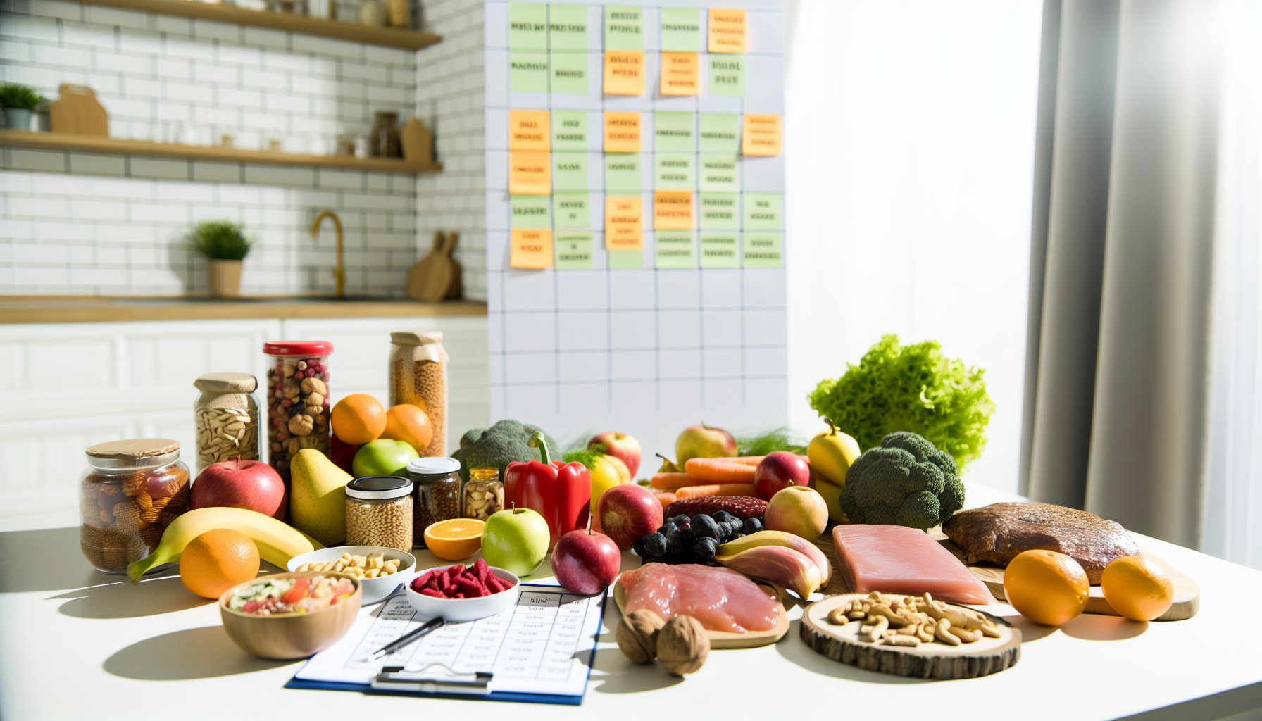 zuckerfreie diäten: vorteile, arten und tipps für den erfolg 2 eine anordnung verschiedener diã¤tlebensmittel auf einer kã¼chenarbeitsplatte. dazu kã¶nnten frisches obst, gemã¼se, mageres fleisch, nã¼sse und vollkornprodukte gehã¶ren. an der wand lehnt auch ein essensplan, der mahlzeitenpaare und zeiten anzeigt. der raum ist mit natã¼rlichem licht durchflutet, was eine friedliche und positive atmosphã¤re schafft, die gesundes essen fã¶rdert.