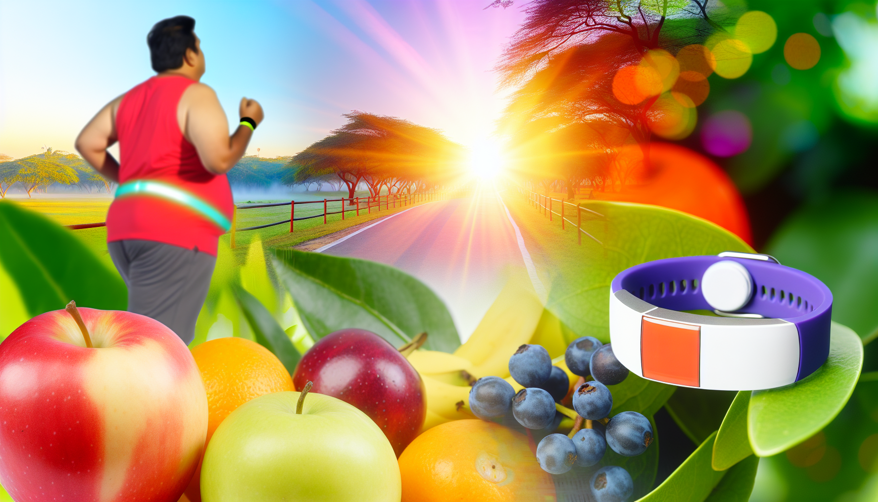 abnehmen: grundlagen, ernährung und psychologische aspekte 3 eine visuelle darstellung von gesundheit und wohlbefinden wã¤hrend einer gewichtsverlustreise. stellen sie sich ein bild vor, in dem eine person sã¼dasiatischer abstammung in einem park joggt, umgeben von lebhaften laub, das erneuerung und transformation symbolisiert. im vordergrund frisches obst, das eine ausgewogene ernã¤hrung reprã¤sentiert. ein tragbares fitnessband an ihrem handgelenk, das die bedeutung der ãœberwachung von bewegung anzeigt. im hintergrund erleuchtet der sonnenaufgang den klaren himmel und steht fã¼r einen neuanfang und fortschritte in richtung persã¶nlicher ziele. die gesamte szene vermittelt ein gefã¼hl von positivitã¤t, hingabe und verbesserung der gesundheit und des wohlbefindens.