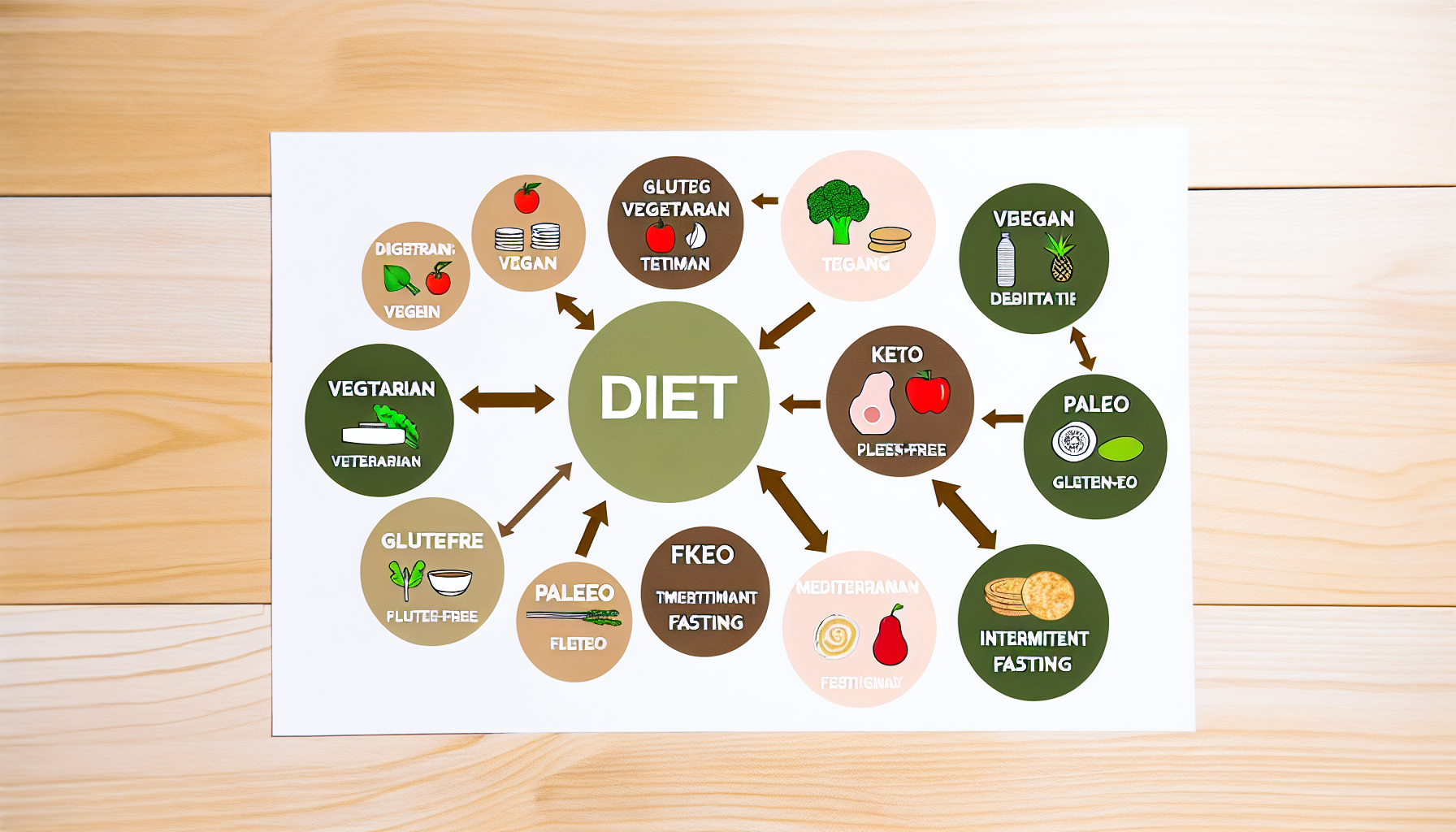 ernährung für sportler: optimale strategien und diäten 2 ein informatives und visuell ansprechendes bild, das verschiedene arten von diã¤ten veranschaulicht. dies kã¶nnte vegetarisch, vegan, keto, glutenfrei, paleo, mediterran und intermittierendes fasten umfassen. jede diã¤t kã¶nnte durch ein symbol oder ein bild typischer lebensmittel, die damit verbunden sind, dargestellt werden. darã¼ber hinaus kã¶nnten einfache aufzã¤hlungspunkte oder anmerkungen die grundlegenden regeln oder prinzipien jeder diã¤t erklã¤ren.