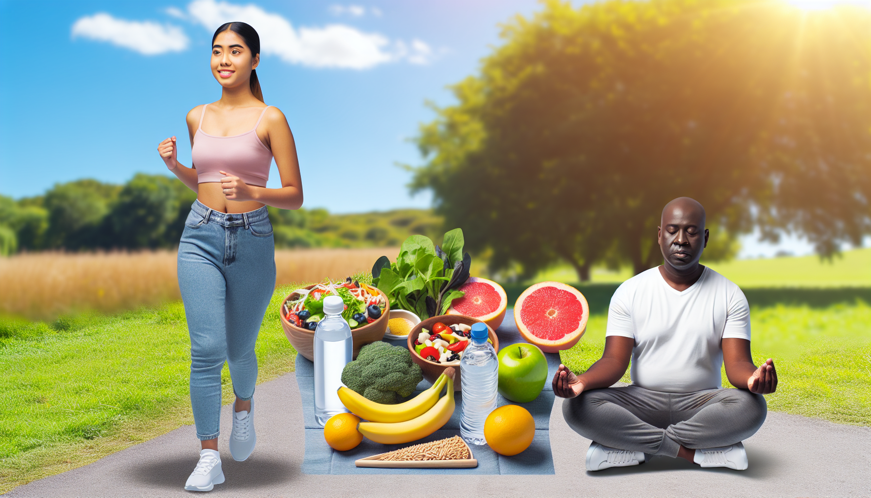 bedeutung gesunder ernährung für gewichtsreduktion 2 eine szene, die gesundheit und wohlbefinden beim abnehmen veranschaulicht. die bilder zeigen eine sã¼dasianische frau, die an einem sonnigen tag in einem park lã¤uft und die frische der natur genieãŸt. neben ihr liegt eine wasserflasche und ein handtuch, die ihre hydratationsgewohnheit darstellen. auãŸerdem meditiert ein schwarzer mann in der nã¤he, wirkt ruhig und friedlich und lenkt die aufmerksamkeit auf die mentale gesundheit. frisches obst und gemã¼se, vollkornprodukte und mageres eiwei㟠sind ebenfalls zu sehen, was eine ausgewogene ernã¤hrung fã¶rdert. die szene reprã¤sentiert eine harmonische kombination aus regelmã¤ãŸiger bewegung, gesunder ernã¤hrung und mentalem frieden.