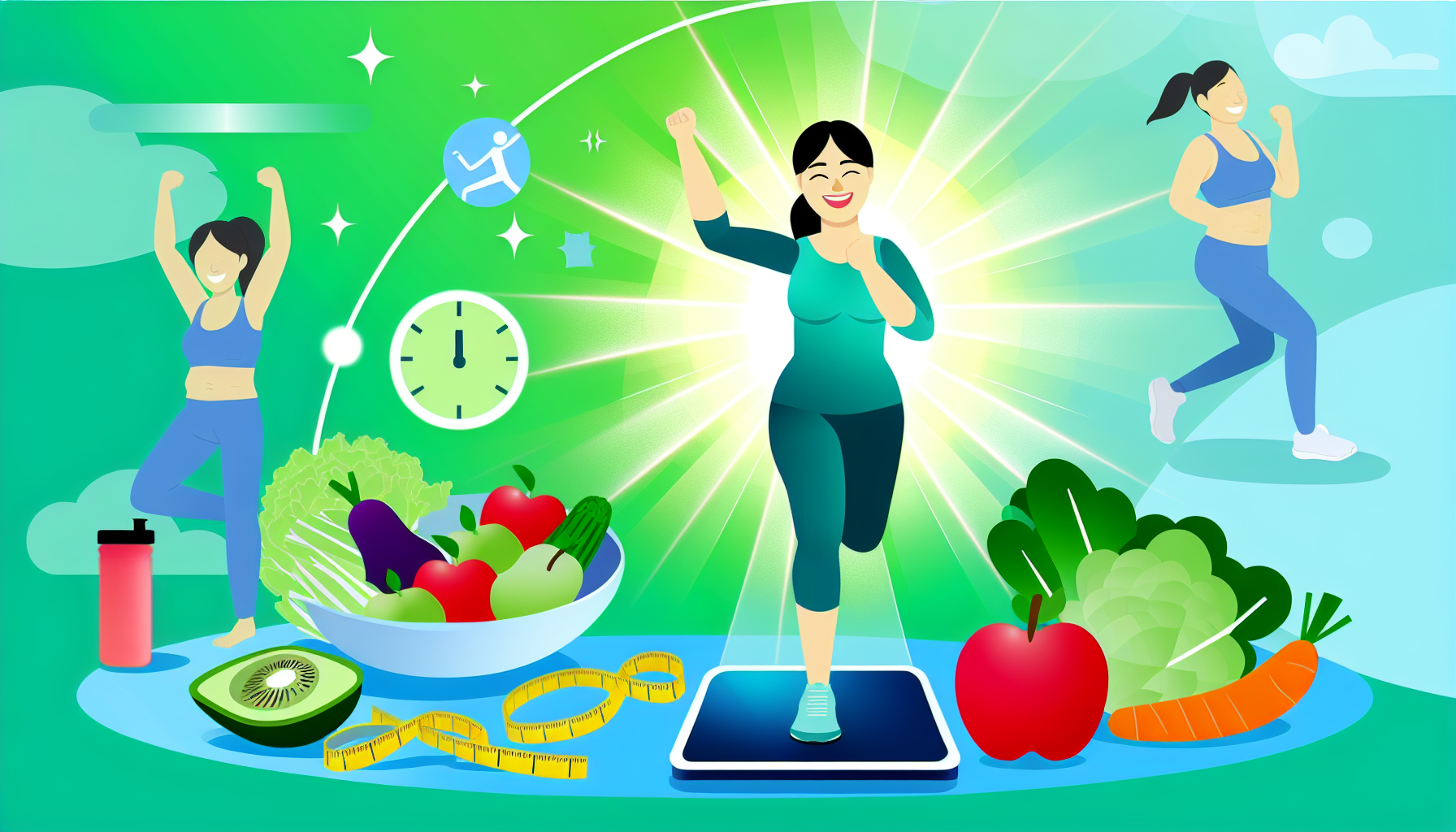 bedeutung gesunder ernährung für gewichtsreduktion 3 eine konzeptillustration, die gesundheit und wohlbefinden wã¤hrend des gewichtsverlusts betont. sie zeigt eine ausgewogene auswahl an frã¼chten und gemã¼se, die gesunde essgewohnheiten darstellen, sowie eine figur, die ãœbungen wie joggen und yoga ausfã¼hrt, um kã¶rperliche aktivitã¤t zu verdeutlichen. eine glã¼ckliche, zufriedene figur reprã¤sentiert das wohlbefinden. die figur ist eine asiatische frau in sportkleidung, die positivitã¤t ausstrahlt. um die szene herum sind symbole des erfolgs angeordnet: eine wiegende waage und ein maãŸband, die das erreichen von gesundheitszielen andeuten. die atmosphã¤re sollte hell und optimistisch sein, voller energie, hauptsã¤chlich in grã¼ntã¶nen und blau, die gesundheit und ruhe symbolisieren.