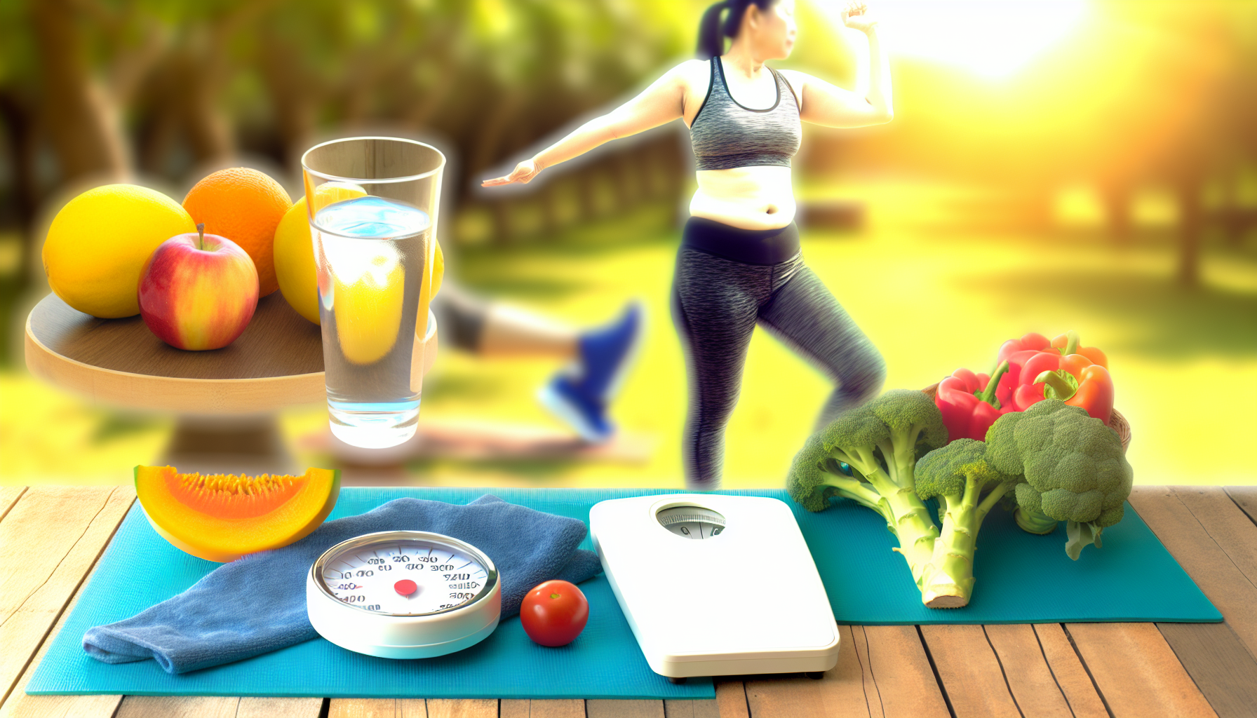 die rolle gesunder ernährung beim abnehmen 3 ein ausgewogenes bild, das das thema gesundheit und wohlbefinden wã¤hrend des gewichtsverlusts widerspiegelt. es sollte elemente wie frisches obst und gemã¼se, eine asiatische frau, die eine form von bewegung wie yoga oder joggen ausã¼bt, eine waage, die ein gesundes gewicht anzeigt, und ein glas wasser enthalten. die gesamtatmosphã¤re des bildes sollte positiv und inspirierend sein, mit hellen farben, einem sonnigen tag und vielleicht umgeben von natur.