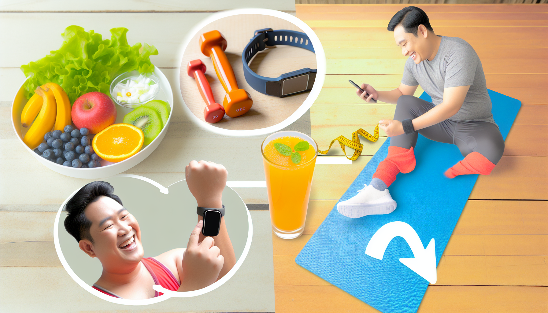 gesundheit und wohlbefinden beim abnehmen: ein ganzheitlicher ansatz 2 visualisieren sie das konzept von gesundheit und wohlbefinden wã¤hrend des gewichtsverlusts. stellen sie sich einen ausgewogenen teller mit nahrhaftem essen vor, zusammen mit einem glas frischem fruchtsaft, das auf einem tisch steht. daneben liegt eine trainingsmatte mit einem paar hanteln, was auf regelmã¤ãŸige bewegung hinweist. fã¼gen sie auch ein bild einer glã¼cklichen, energiegeladenen person asiatischer abstammung und mã¤nnlichen geschlechts hinzu, die nach einer trainingseinheit ihren fitness-tracker ã¼berprã¼ft, um einen aktiven lebensstil und die fortschrittsverfolgung zu symbolisieren. die umgebung um ihn herum sollte ruhig sein und symbolisiert geistigen frieden und entspannung wã¤hrend der gewichtsverlustreise.