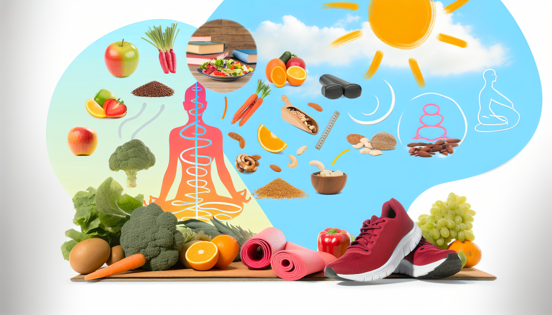 diabetes und gewichtsmanagement: strategien für betroffene 2 eine visuelle darstellung von gesundheit und wohlbefinden wã¤hrend des gewichtsverlusts. stellen sie sich eine szene vor, die eine ausgewogene ernã¤hrung mit frischen frã¼chten, gemã¼se, mageren proteinen und vollkornprodukten zeigt. fã¼gen sie ein paar laufschuhe und eine yogamatte hinzu, die regelmã¤ãŸige bewegung suggerieren. auãŸerdem sollte ein positives stimmungssymbol wie eine strahlende sonne enthalten sein, um die mentale gesundheit darzustellen. alle elemente kommen in einer harmonischen komposition zusammen und spiegeln einen ganzheitlichen ansatz fã¼r den gewichtsverlust wider.