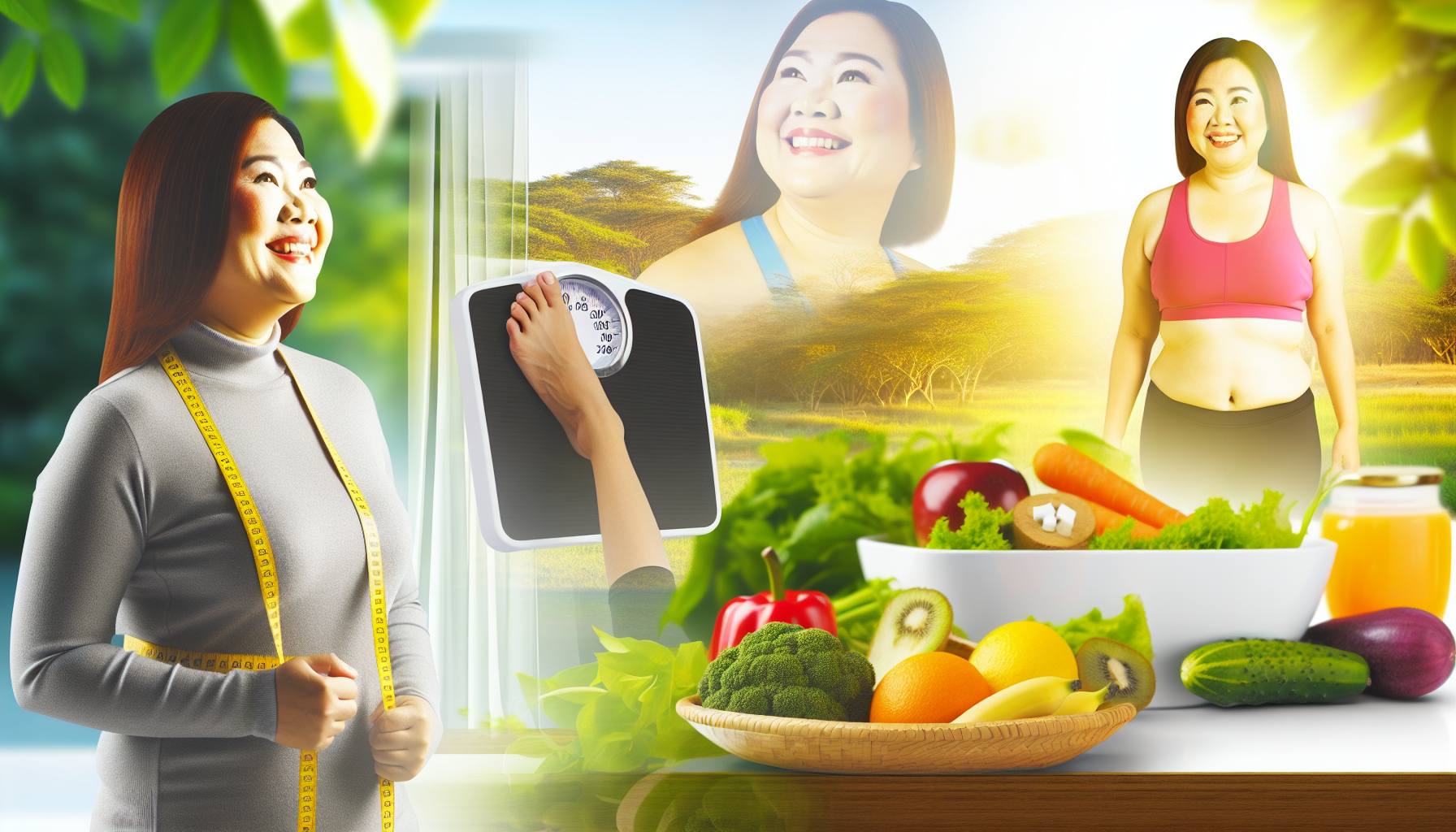 abnehmen bei diabetes: strategien für nachhaltigen erfolg 2 eine darstellung von gesundheit und wohlbefinden wã¤hrend einer gewichtsabnahme-reise. das bild zeigt einen ausgewogenen lebensstil mit aktivitã¤ten wie yoga in einer friedlichen umgebung im freien, der zubereitung gesunder mahlzeiten mit frischen frã¼chten und gemã¼se sowie einer person, die ihren fortschritt auf einer waage misst. die person kã¶nnte eine asiatische frau sein, die mit zufriedenheit auf ihre gesunden entscheidungen und die sichtbaren ergebnisse lã¤chelt. die umgebung sollte positiv und motivierend sein, mit einem gefã¼hl der ruhe. es sollten symbole fã¼r erfolgreichen gewichtsverlust vorhanden sein, wie kleinere kleidung und eine schlankere figur, die in einem spiegel reflektiert wird.