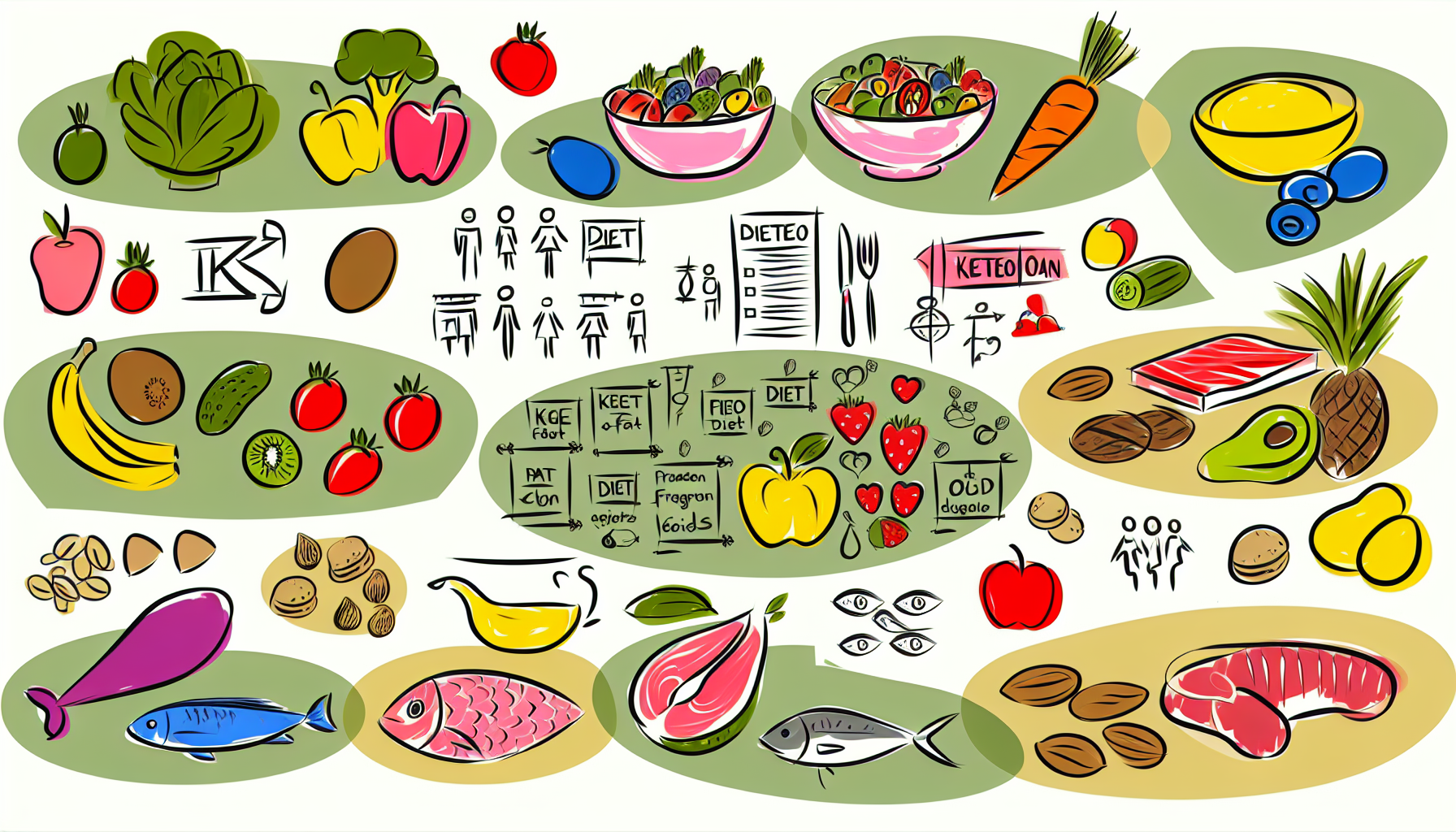 die vorteile der mediterranen diät für gesundheit und genuss 2 eine illustration verschiedener diã¤tplã¤ne, die symbolisch dargestellt sind. dazu gehã¶rt die vegetarische ernã¤hrung mit gemã¼se und obst, die ketogene ernã¤hrung mit fettreichen und kohlenhydratarmen lebensmitteln, die mediterrane ernã¤hrung mit olivenã¶l, obst, gemã¼se und fisch sowie die paleo-diã¤t mit magerem fleisch, fisch, obst, gemã¼se und nã¼ssen.