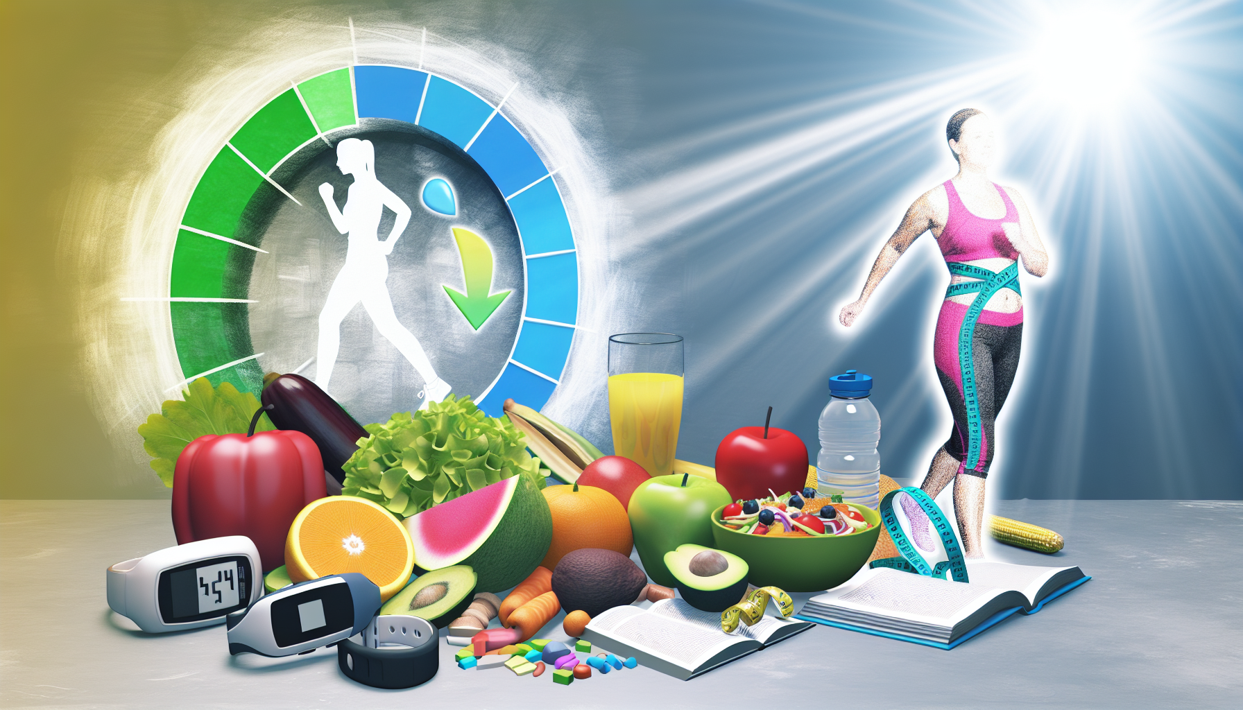 grundprinzipien einer gesunden ernährung für wohlbefinden 2 eine darstellung, die sich mit gesundheit und wohlbefinden wã¤hrend des gewichtsverlusts beschã¤ftigt. visualisieren sie eine ausgewogene ernã¤hrung, die voller bunter frischer frã¼chte, gemã¼se, proteinquellen und vollkornprodukte ist. nebenbei illustrieren sie eine person kaukasischer abstammung, unabhã¤ngig vom geschlecht, die sich in einer gesunden kã¶rperlichen aktivitã¤t wie joggen oder yoga engagiert. zeigen sie eine reihe von gesundheits- und fitnessbã¼chern, wasserflaschen und einem fitness-tracker, der auf eine kontinuierliche ãœberwachung und verfolgung des gesundheitsstatus hinweist. stellen sie sicher, dass ein sonnenstrahl von einem fenster kommt, der subtil optimismus und positivitã¤t auf diesem transformationsweg impliziert.