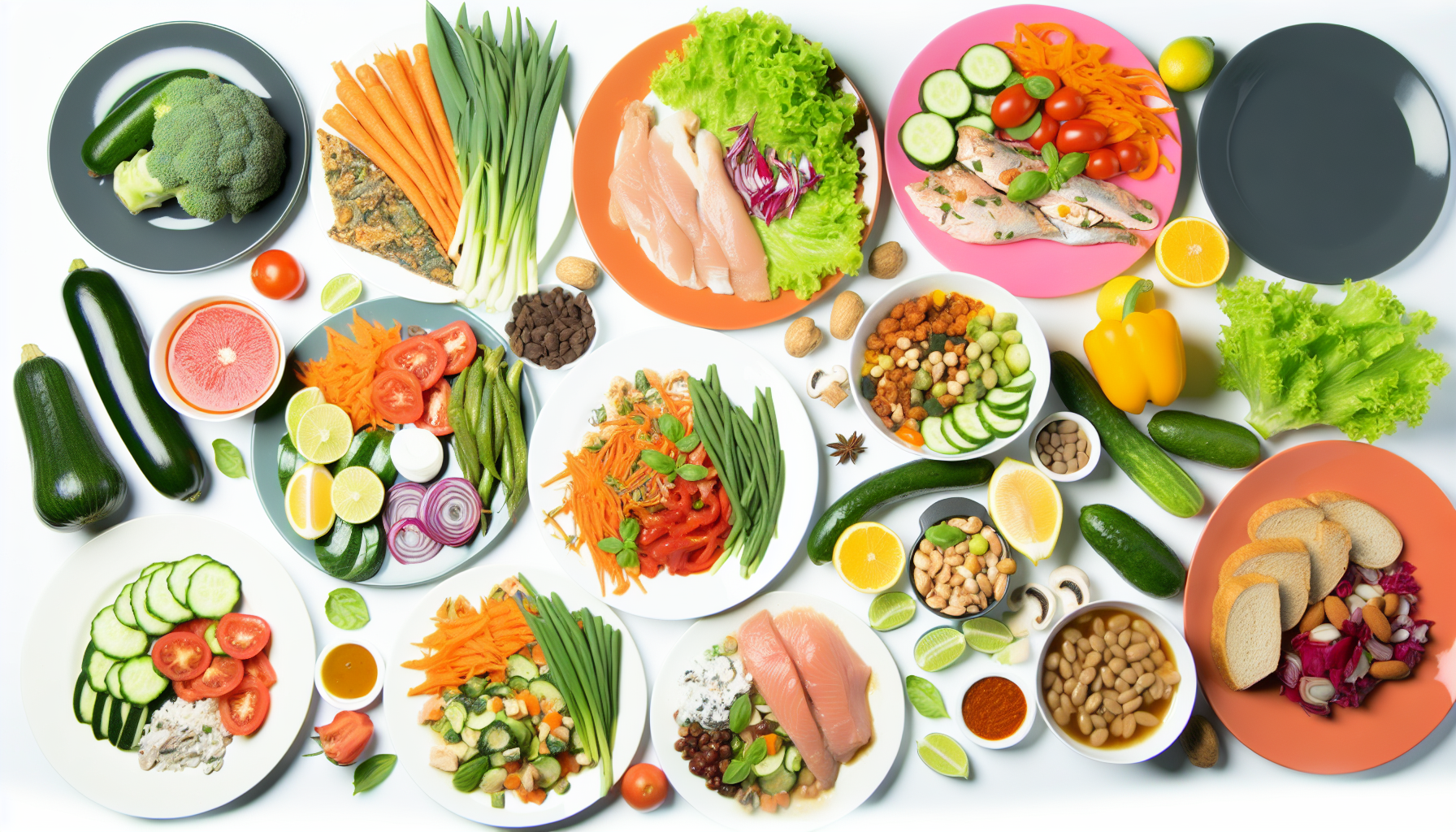 ernährungsgrundlagen für anfänger: tipps & diäten 3 eine vielzahl von gesunden und ausgewogenen mahlzeiten, einschlieãŸlich frischer gemã¼se, magerer proteine und komplexer kohlenhydrate, ansprechend auf tellern angerichtet. die speisen reprã¤sentieren verschiedene globale kã¼chen, von mediterran ã¼ber asiatisch bis sã¼damerikanisch, und bieten eine vielfã¤ltige palette an nã¤hrstoffen, die fã¼r eine ausgewogene ernã¤hrung notwendig sind.
