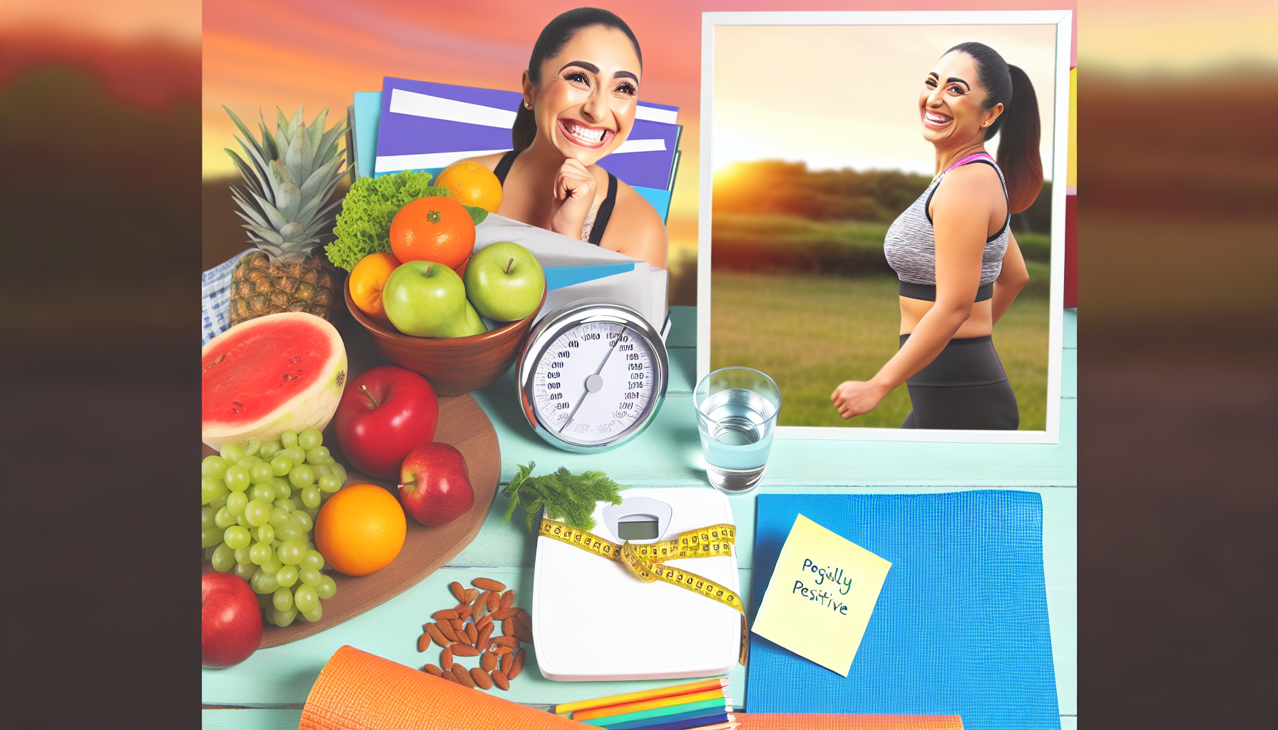 diabetes und gewichtsmanagement: strategien für betroffene 3 ein konzeptbild, das gesundheit und wohlbefinden wã¤hrend einer gewichtsabnahme-reise zeigt. dieses bild zeigt einen tisch, der mit frischen frã¼chten und gemã¼se gefã¼llt ist, einem stapel von ernã¤hrungswissenschaftlich genehmigten diã¤tbã¼chern, einer yogamatte fã¼r das training, einer waage, einer lã¤chelnden frau hispanischer abstammung in sportkleidung und einem spiegel, der ein positives selbstbild reflektiert. neben diesen elementen gibt es ein bild derselben frau, die wã¤hrend des sonnenuntergangs in einem schã¶nen park joggt, was auf regelmã¤ãŸige kã¶rperliche betã¤tigung hinweist. zusã¤tzlich steht ein glas wasser und eine frã¶hlich positive notiz auf einem post-it, die an tã¤gliche ziele und erfolge erinnert.