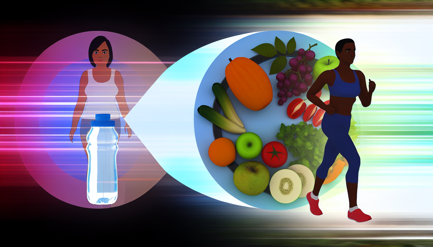 mentale gesundheit und abnehmen: ein ganzheitlicher ansatz 3 eine visualisierung von gesundheit und wohlbefinden wã¤hrend des gewichtsverlustprozesses. es gibt einen ausgewogenen teller mit bunten frã¼chten und gemã¼se, der die bedeutung einer angemessenen ernã¤hrung darstellt. auch eine wasserflasche ist vorhanden, die fã¼r hydration steht. auf der einen seite ist eine person hispanischer abstammung abgebildet, die sowohl weibliche als auch mã¤nnliche merkmale aufweist und im park joggt, um zu verdeutlichen, dass bewegung entscheidend ist. der hintergrund sollte von dunklen tã¶nen zu hellen tã¶nen ã¼bergehen, wã¤hrend er sich ã¼ber das bild bewegt, was die transformation der person sowie das wachstum von selbstvertrauen und glã¼ck symbolisiert.