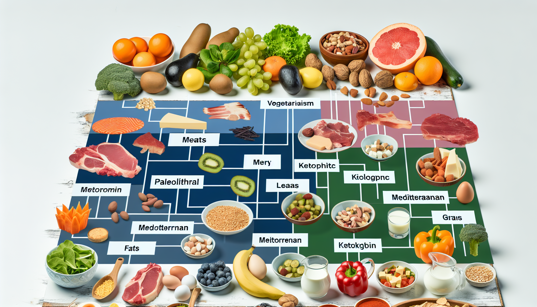 diäten für sportler: ernährung für optimale leistung 3 eine visuelle darstellung verschiedener diã¤tregime wie vegetarismus, palã¤olithikum, ketogene ernã¤hrung und mediterrane kost, mit relevanten lebensmitteln, die jeden typ symbolisieren. es zeigt eine auswahl an frã¼chten, gemã¼se, fleisch, milchprodukten, hã¼lsenfrã¼chten und getreide, die entsprechend den unterschiedlichen ernã¤hrungsregeln portioniert und auf einem tisch prã¤sentiert sind.