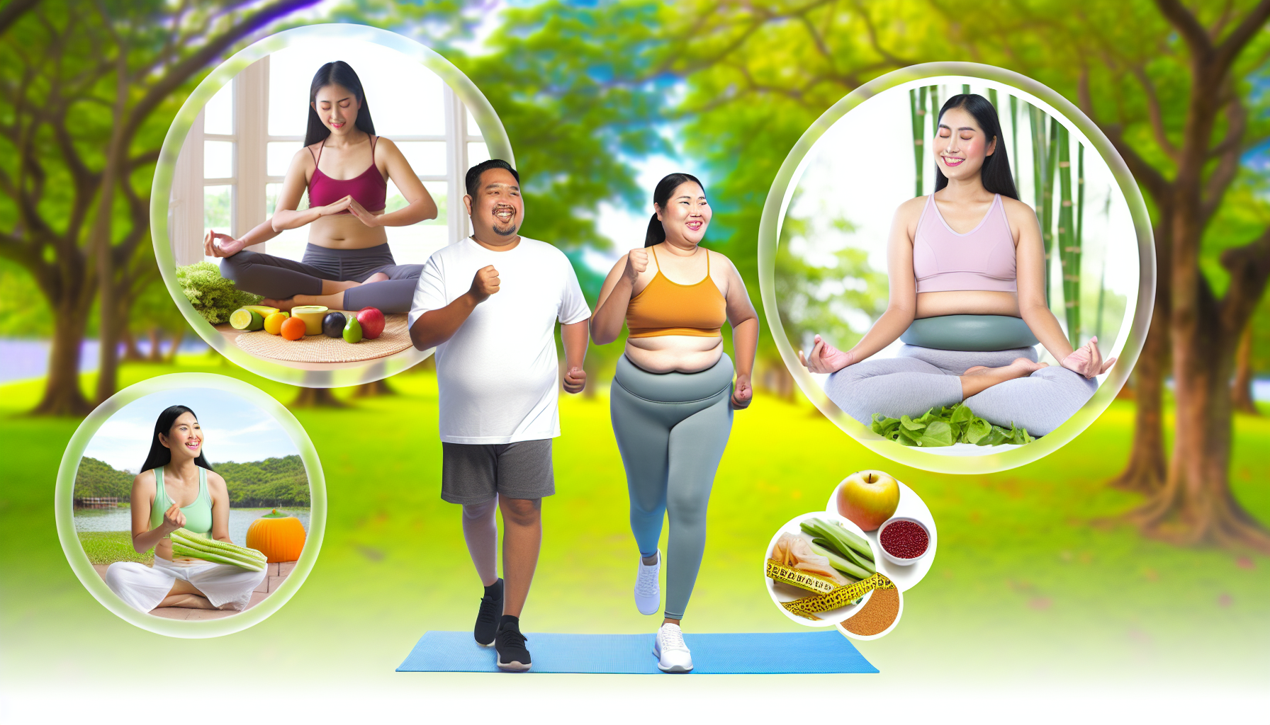 wohlbefinden und abnehmen: ein ganzheitlicher ansatz 2 das konzept von gesundheit und wohlbefinden wã¤hrend des gewichtsverlusts. stellen sie eine sã¼dasianische frau und einen hispanischen mann dar, die an verschiedenen gesunden aktivitã¤ten teilnehmen, wie yoga, joggen und dem essen ausgewogener mahlzeiten. der hintergrund kã¶nnte ein ruhiger park sein, der ihre positive kã¶rperliche und geistige reise reprã¤sentiert.