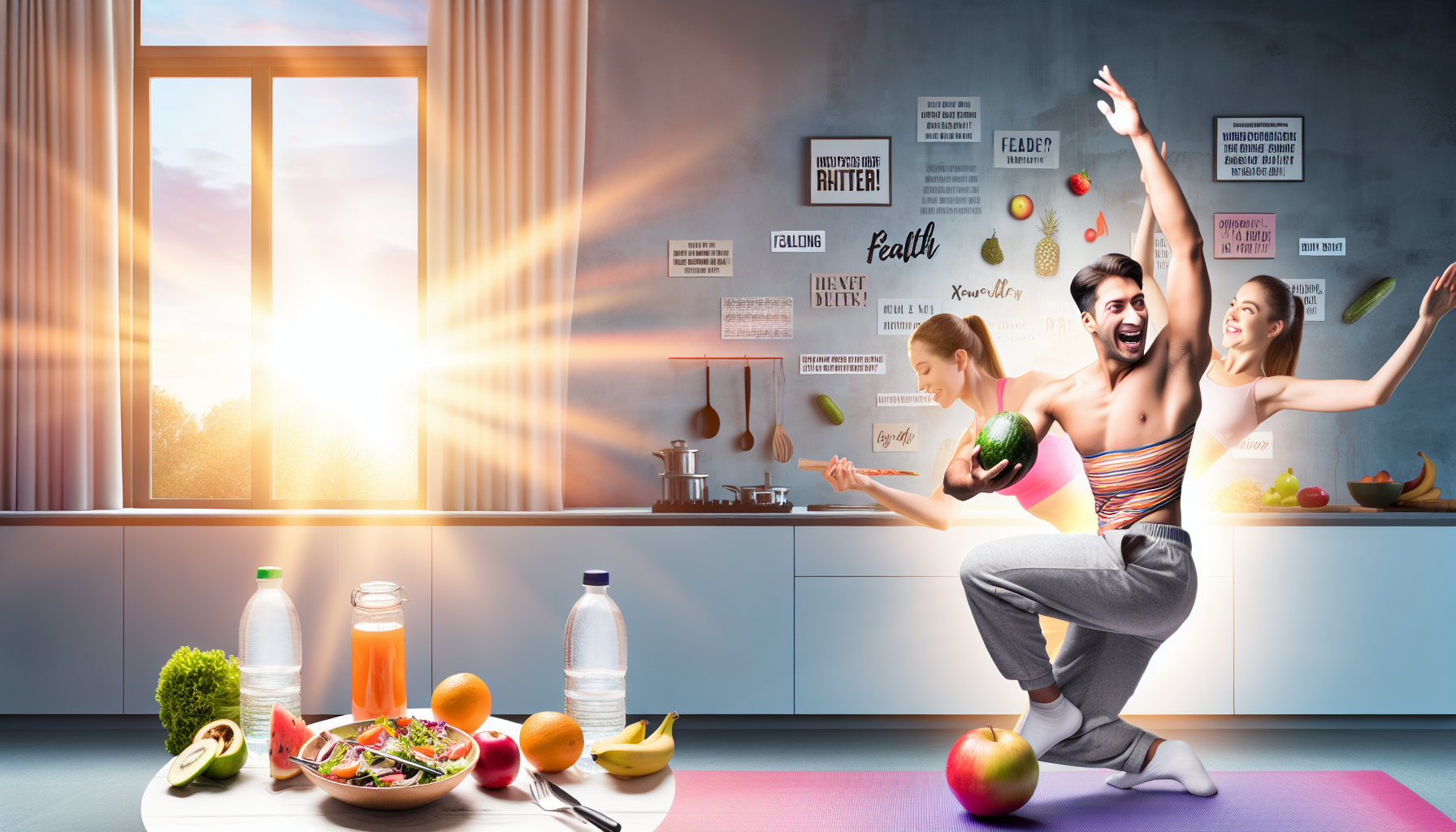 grundprinzipien einer gesunden ernährung für wohlbefinden 3 eine darstellung von gesundheit und wohlbefinden wã¤hrend des gewichtsverlusts. stellen sie sich eine szene vor, in der ein durchtrainierter kaukasischer mann freudig einen gesunden salat in seiner modernen kã¼che zubereitet. in der nã¤he praktiziert eine mittelã¶stliche frau yoga auf einer matte und zeigt dabei ihre flexibilitã¤t und konzentration. sie sind umgeben von elementen, die einen gesunden lebensstil anzeigen: wasserflaschen, frisches obst und inspirierende zitate ã¼ber gesundheit und fitness, die an einer wand im hintergrund hã¤ngen. die untergehende sonne filtert durch ein groãŸes fenster und wirft ein warmes, belebendes licht auf die szene, das erneuerte entschlossenheit und einen neuanfang symbolisiert.