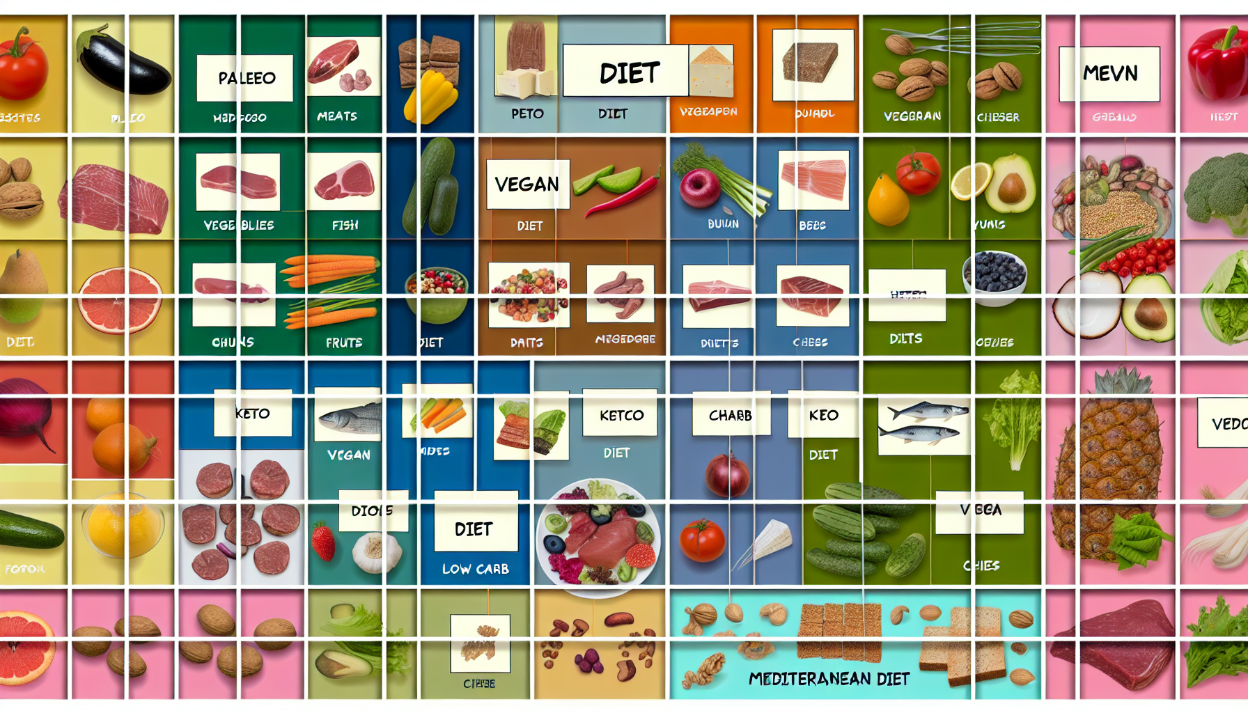 energie und ernährung: die schlüssel zu mehr vitalität 2 eine visuelle darstellung verschiedener diã¤ten. ein raster aus quadratischen rahmen, wobei jeder verschiedene arten von lebensmitteln zeigt, die mit bestimmten diã¤ten assoziiert sind. einschlieãŸlich der paleo-diã¤t mit fleisch, fisch, frã¼chten und gemã¼se; der veganen diã¤t mit gemã¼se, frã¼chten, bohnen und vollkornprodukten; der keto-diã¤t mit fleisch, fisch, kã¤se und kohlenhydratarmen gemã¼se; und der mediterranen diã¤t mit gemã¼se, frã¼chten, nã¼ssen, fisch und olivenã¶l. unter jedem quadrat sollte ein beschreibendes etikett in gut lesbarem text stehen, das die jeweilige diã¤t beschreibt. der gesamteindruck sollte farbenfroh und einladend sein, um diejenigen anzusprechen, die sich fã¼r gesunde ernã¤hrung interessieren.