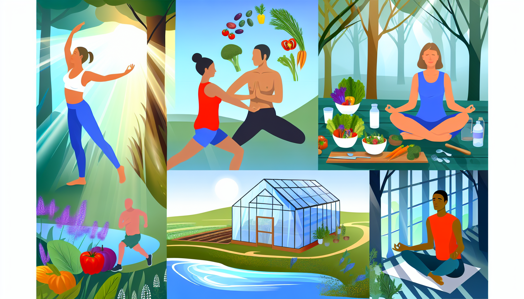 abnehmen bei diabetes: strategien für nachhaltigen erfolg 3 eine konzeptillustration, die gesundheit und wohlbefinden wã¤hrend des gewichtsverlusts darstellt. in der szene sehen wir eine mischung aus verschiedenen aktivitã¤ten wie yoga, laufen im freien, zubereitung einer ausgewogenen ernã¤hrung und achtsamer meditation. menschen unterschiedlicher geschlechter und abstammungen nehmen an diesen aktivitã¤ten teil – ein kaukasischer mann macht yoga, eine hispanische frau bereitet einen salat zu, eine schwarze frau meditiert und ein sã¼dasiatischer mann geht joggen. sonnenlicht, das durch die bã¤ume filtert, symbolisiert belebendes leben, ein gewã¤chshaus mit frischem gemã¼se steht fã¼r eine gesunde ernã¤hrung, und ein ruhiger wasserlauf steht fã¼r frieden und gelassenheit zur balance des geistes.