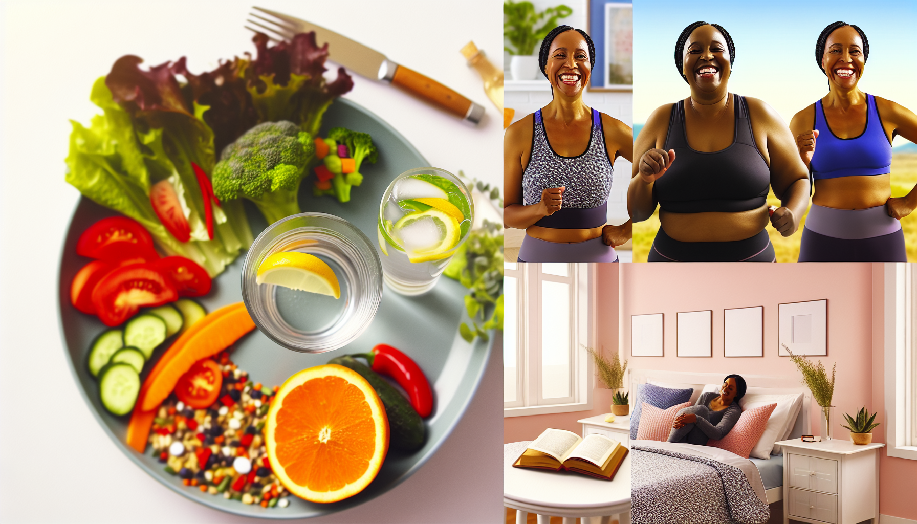 gesundheit und wohlbefinden beim abnehmen: ein leitfaden 2 eine szene, die gesundheit und wohlbefinden wã¤hrend des gewichtsverlusts darstellt. stellen sie sich einen ausgewogenen, bunten teller mit nahrhaften lebensmitteln vor, der gemã¼se, proteine und vollkornprodukte enthã¤lt. begleiten sie dies mit einem erfrischenden glas mit zitronenwasser. neben der essensszene zeigen sie eine aktive, mittelalte schwarze frau in sportkleidung, die nach einem fitnessprogramm schwitzt und lã¤chelt. in einem anderen teil visualisieren sie eine friedliche schlafzimmer-szene mit einem offenen buch auf einem nachttisch, das auf gute schlafgewohnheiten hinweist. ãœberall wird das gefã¼hl von positivem wandel, resilienz und selbstfã¼rsorge vermittelt.