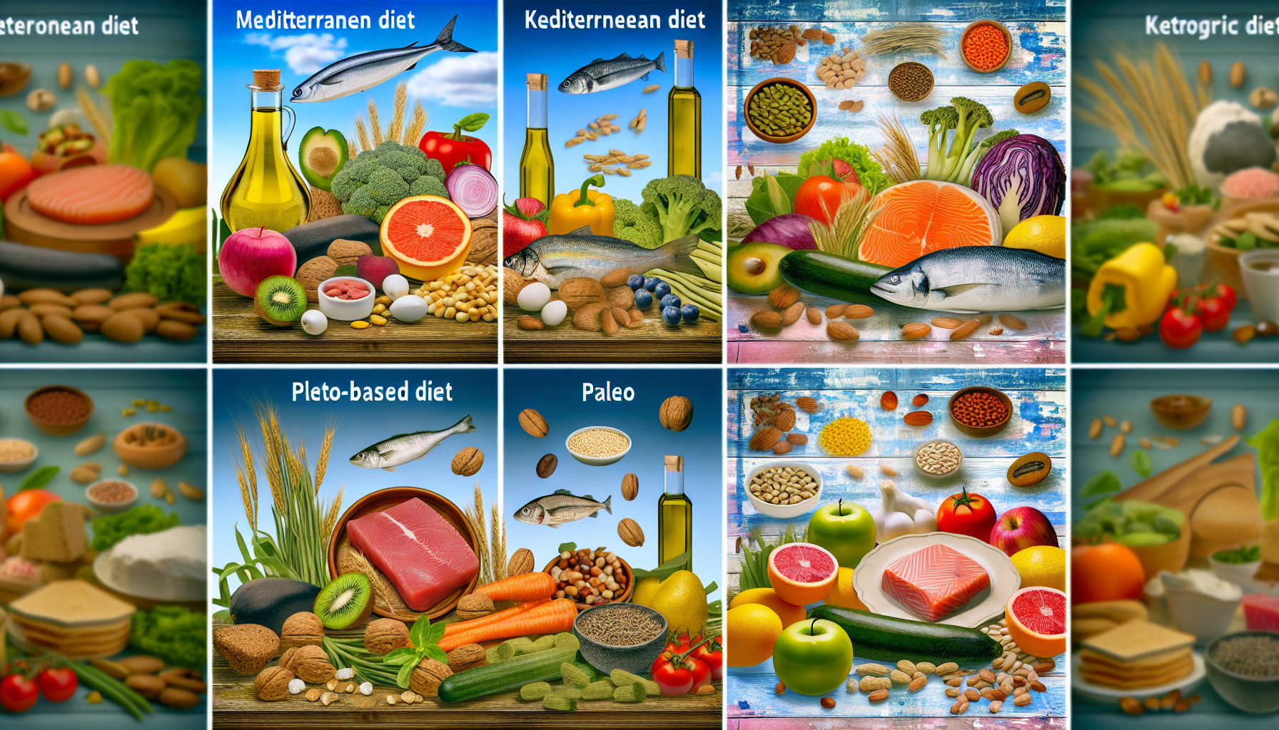 effektive gewichtsverlust-diäten: ein leitfaden 3 eine visuelle darstellung verschiedener gesunder ernã¤hrungsweisen. eine ecke des bildes ist der mediterranen ernã¤hrung gewidmet, die frische frã¼chte, gemã¼se, fisch und eine flasche olivenã¶l zeigt, alles in einer rustikalen kã¼cheneinstellung angeordnet. eine andere ecke prã¤sentiert eine ketogene ernã¤hrung, die aus fettreichen, moderaten protein- und sehr kohlenhydratarmen lebensmitteln besteht. in der mitte befinden sich lebensmittel, die mit einer pflanzenbasierten ernã¤hrung assoziiert werden, wie verschiedene hã¼lsenfrã¼chte, vollkornprodukte, frã¼chte und gemã¼se in voller farbtiefe. die vierte ecke enthã¤lt lebensmittel, die fã¼r eine paleo-diã¤t wichtig sind, in der mageres fleisch, frã¼chte, gemã¼se und nã¼sse die szene dominieren. jede diã¤t sollte ansprechend dargestellt werden, wobei auf die prã¤sentation der lebensmittel geachtet wird.