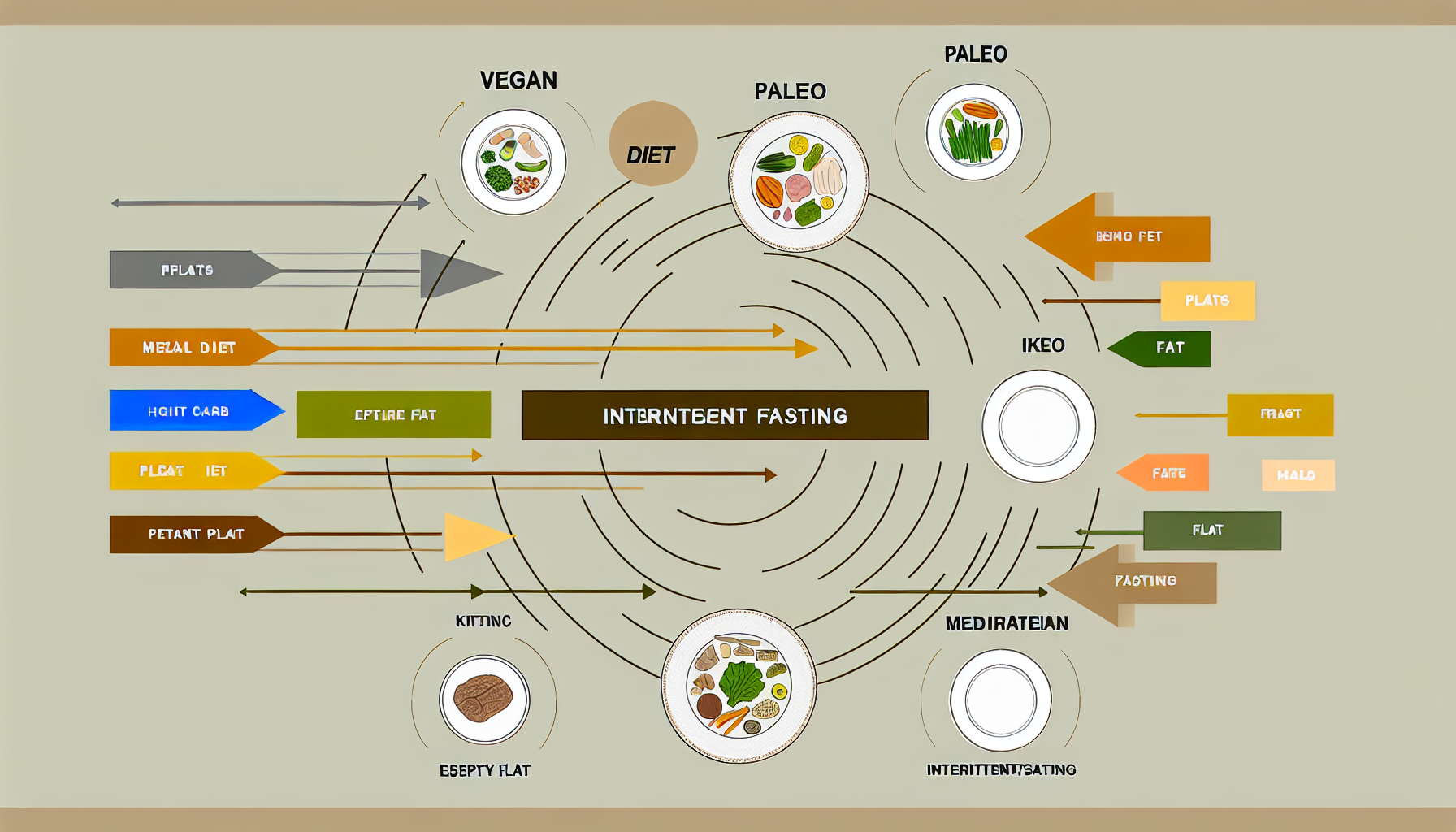 gesunde diäten: grundlagen und tipps für eine ausgewogene ernährung 2 eine grafische darstellung verschiedener diã¤ten. dieses diagramm kann beliebte diã¤ten wie vegan, paleo, ketogen, intermittierendes fasten und mediterran widerspiegeln. jedes diã¤tsegment zeigt einen teller oder ein essensset mit unterschiedlichen arten von lebensmitteln. die vegane diã¤t zeigt hauptsã¤chlich pflanzen und getreide, wã¤hrend die paleo diã¤t sich auf fleisch und gemã¼se konzentriert. die ketogene diã¤t zeigt mahlzeiten mit hohem fett- und niedrigem kohlenhydratanteil, intermittierendes fasten zeigt einen leeren teller, der das fastenfenster anzeigt, und die mediterrane diã¤t zeigt einen teller mit gemã¼se, getreide und fisch. der hintergrund der grafik ist neutral.