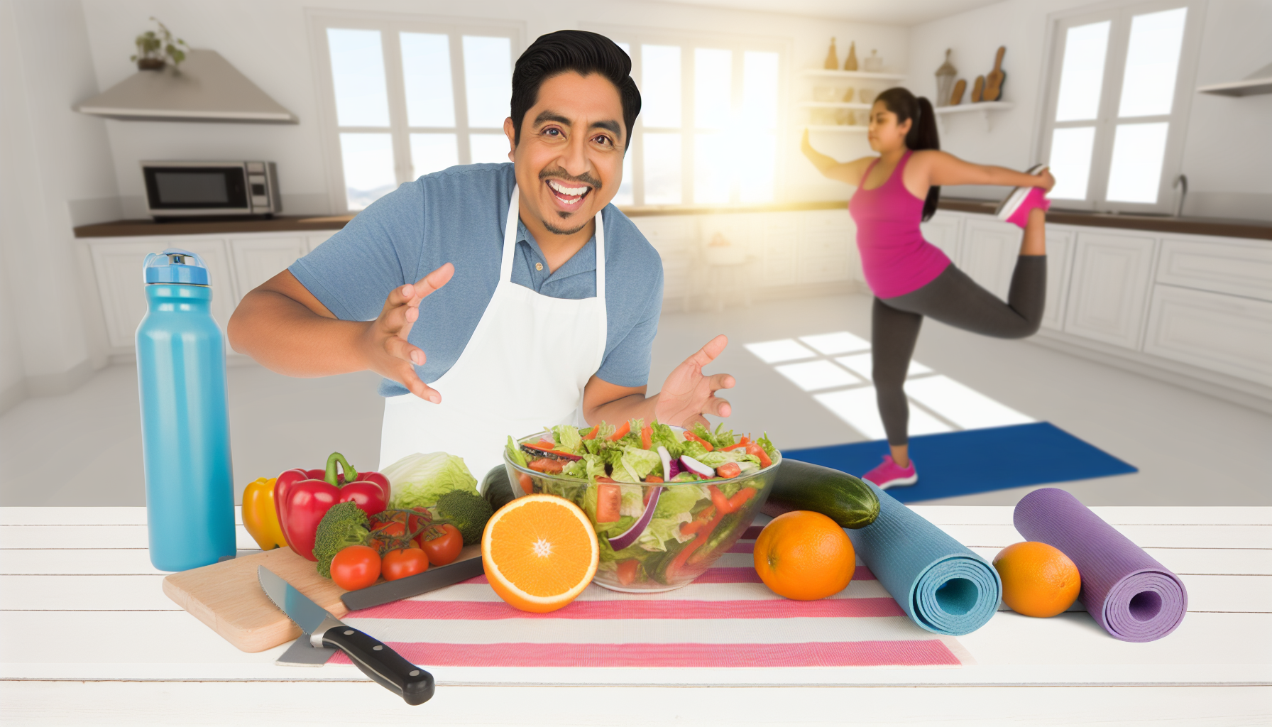 gesundheit und wohlbefinden beim abnehmen: ein leitfaden 3 eine szene, die gesundheit und wohlbefinden beim abnehmen fã¶rdert. ein hispanischer mann in seinen mittleren 30ern bereitet begeistert einen gesunden, lebhaften salat mit frischem gemã¼se in einer hellen kã¼chenszene zu. im hintergrund fã¼hrt eine sã¼dasianische frau in ihren spã¤ten 20ern yoga-posen auf einer matte aus. auãŸerdem stehen ein paar laufschuhe und eine wasserflasche an einem sonnigen fenster, was auf regelmã¤ãŸige bewegung hinweist.