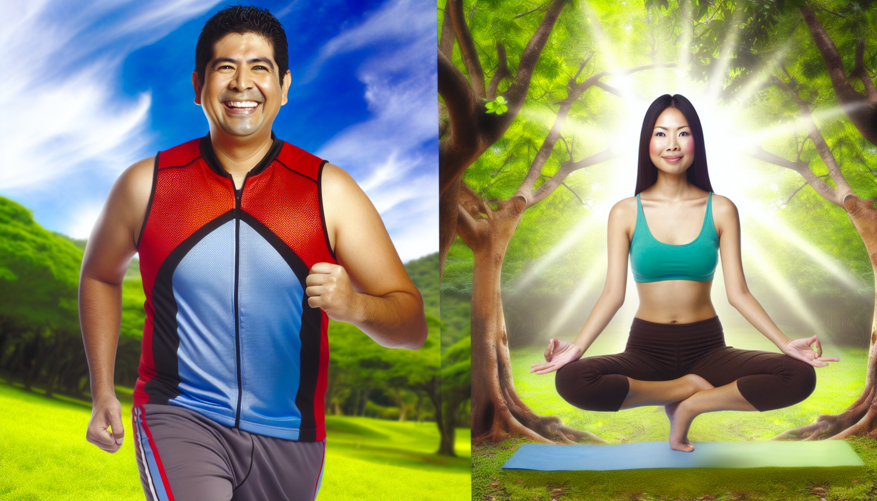 gesundheit und wohlbefinden beim abnehmen 2 visuelle darstellung von gesundheit und wohlbefinden wã¤hrend des gewichtsverlusts. ein glã¼cklicher, gesund aussehender hispanischer mã¤nnlicher jogger in seinen 30ern lã¤uft im park. er trã¤gt sportbekleidung in lebhaften farben und sein gesicht strahlt frisch. neben ihm steht eine ebenso glã¼ckliche und gesund aussehende asiatische frau in ihren spã¤ten 20ern, die in einer meditativen yoga-pose unter einem baum steht. ihre kleidung ist eine perfekte mischung aus komfort und stil. sie sind beide von einer ruhigen naturlandschaft umgeben; ã¼ppiges grã¼nes laub, blauer himmel und sonnenstrahlen, die durch die bã¤ume scheinen.