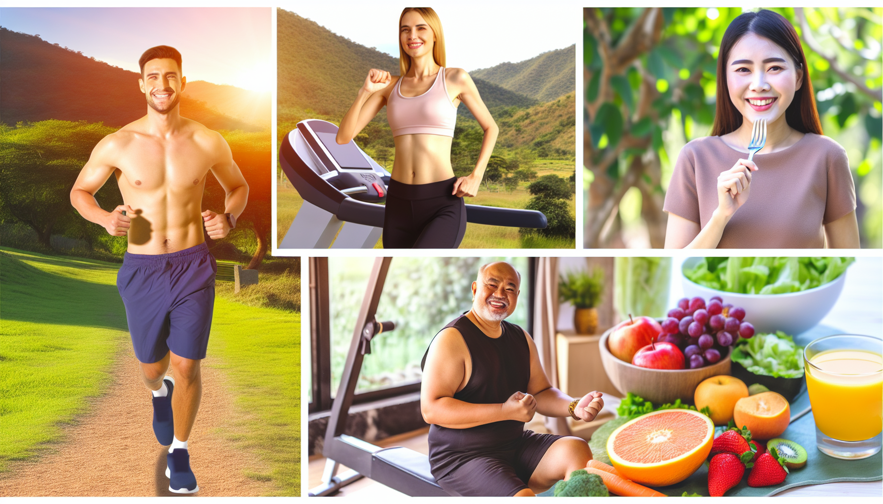 die rolle gesunder ernährung beim abnehmen 2 eine visuelle darstellung von gesundheit und wohlbefinden wã¤hrend des gewichtsverlustprozesses. dies kã¶nnte einen kaukasischen mann zeigen, der frã¼hmorgens in einem schã¶nen, malerischen park joggt, eine hispanische frau, die in einem gut ausgestatteten fitnessstudio gewichte hebt, einen nahã¶stlichen mann, der einen gesunden salat genieãŸt, und eine sã¼dasiatische frau, die in einem friedlichen garten yoga praktiziert. jede person kã¶nnte lã¤cheln und offensichtlich freude an ihren aktivitã¤ten haben, was die positiven auswirkungen des gewichtsverlusts auf die psychische gesundheit reprã¤sentiert. auãŸerdem kã¶nnte eine auswahl verschiedener gesunder nahrungsmittel wie obst, gemã¼se und mageres eiwei㟠dargestellt werden.