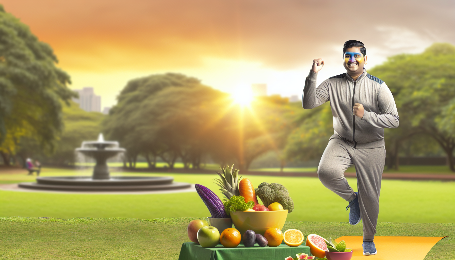 gesundheit und wohlbefinden beim abnehmen 3 visualisieren sie das konzept von gesundheit und wohlbefinden beim abnehmen. diese szene sollte eine person sã¼dasiatischer abstammung zeigen, die energetisch in einem ruhigen park trainiert. die person, gekleidet in bequeme sportkleidung, sollte sichtbar zufrieden sein und positive energie ausstrahlen. auãŸerdem sollte eine frische schã¼ssel mit nahrhaften frã¼chten und gemã¼se in der nã¤he dargestellt werden, die eine gesunde ernã¤hrung symbolisiert. der hintergrund sollte auf einen sonnenaufgang oder sonnenuntergang hindeuten, was die idee von neuanfã¤ngen oder friedlichen abschlã¼ssen vermittelt. insgesamt sollte das bild gefã¼hle von positivitã¤t, entschlossenheit und hingabe an einen gesã¼nderen lebensstil hervorrufen.