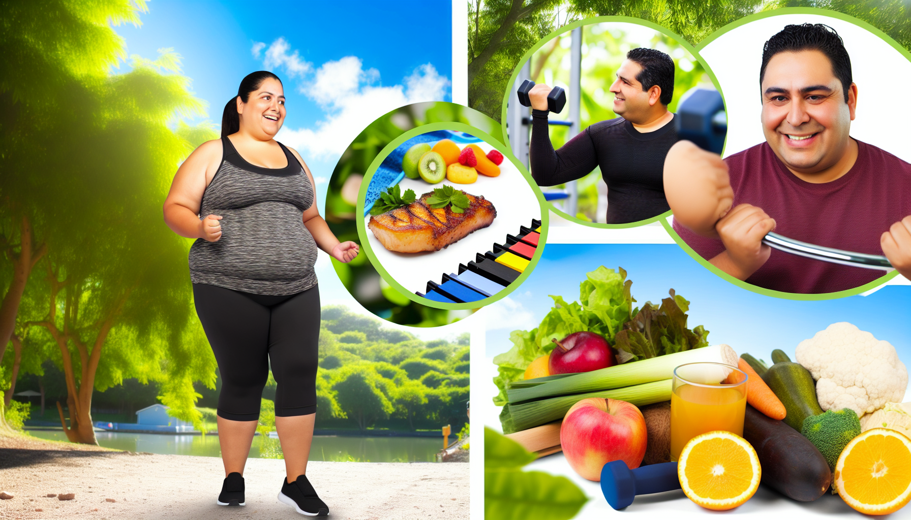ernährungsstrategien für eine erfolgreiche gewichtsreduktion 2 ein bild, das gesundheit und wohlbefinden wã¤hrend des fortschritts beim abnehmen darstellt. es zeigt eine glã¼ckliche, motivierte person, die regelmã¤ãŸig im freien aktiv ist. die person hat hispanische wurzeln und zeigt einen schlankeren kã¶rper mit anzeichen von gewichtsverlust. die umgebung ist ruhig und von ã¼ppigem grã¼n umgeben. ein teil des bildes zeigt gesunde lebensmittel wie obst, gemã¼se und mageres protein, die gesunde essgewohnheiten symbolisieren. die gesamte umgebung strahlt positivitã¤t, ermutigung und die zufriedenheit aus, die mit einem gesunden lebensstil einhergeht.