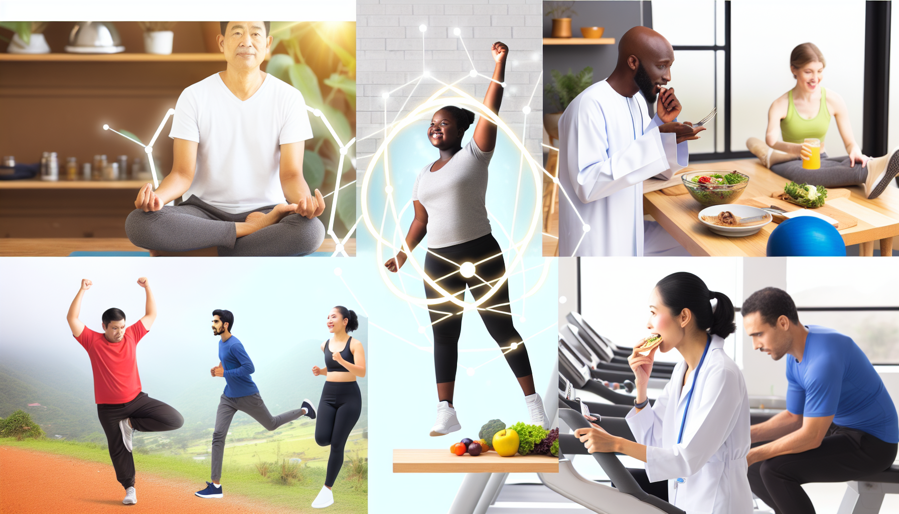 bedeutung einer ausgewogenen ernährung für die gesundheit 2 eine darstellung von gesundheit und wohlbefinden beim abnehmen. zeigen sie ein bild von verschiedenen personen unterschiedlicher abstammung und geschlechter, die an verschiedenen wellness-aktivitã¤ten teilnehmen. stellen sie sich einen asiatischen mann vor, der yoga praktiziert, eine schwarze frau, die im park joggt, einen mã¤nnlichen mittelostler, der im fitnessstudio gewichte hebt, und eine kaukasische frau, die in einer kã¼che eine gesunde mahlzeit zubereitet. das bild sollte positive energie, vitalitã¤t und motivation fã¼r einen gesã¼nderen lebensstil ausstrahlen.
