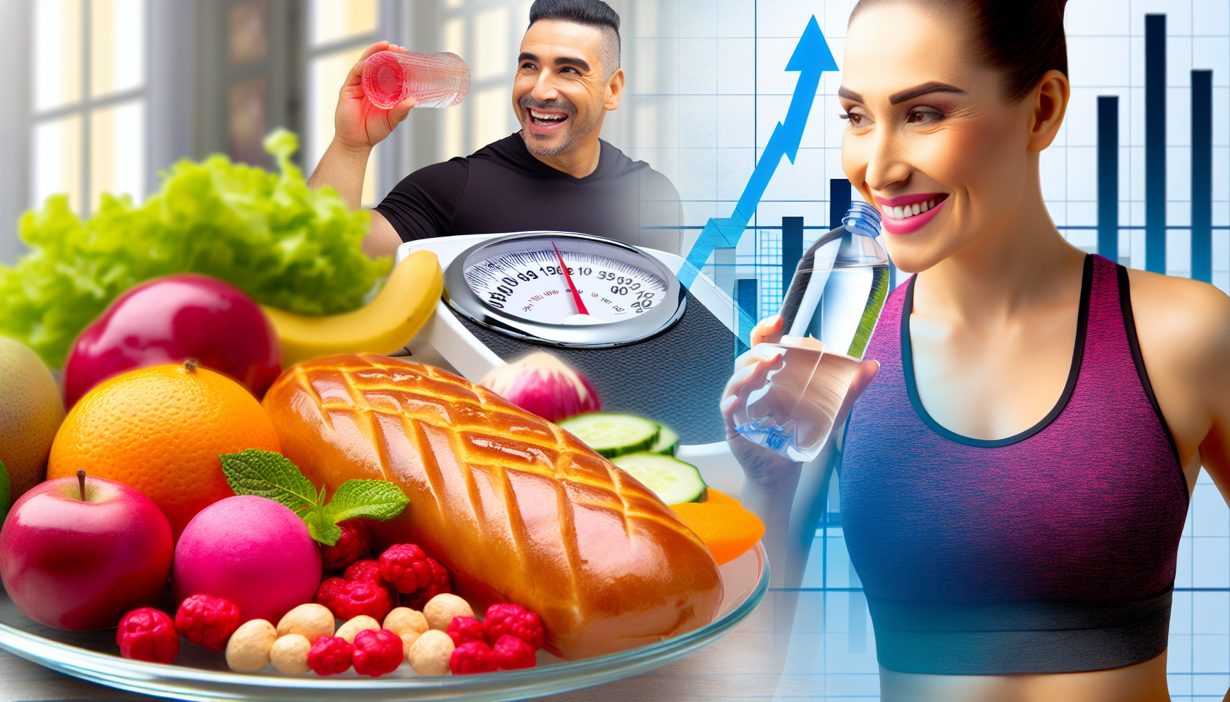 hypnose und abnehmen: grundlagen, vorteile und risiken 3 eine darstellung von gesundheit und wohlbefinden wã¤hrend des gewichtsverlusts. die szene zeigt eine ausgewogene mahlzeit mit frischen frã¼chten, gemã¼se und magerem fleisch auf einem tisch. eine kaukasische frau mit einem zufriedenen lã¤cheln genieãŸt die mahlzeit, wã¤hrend ein hispanischer mann in sportkleidung nach einem intensiven training wasser trinkt und erfã¼llt aussieht. im hintergrund zeigt eine waage eine positive zahl, die den gewichtsverlust symbolisiert. auãŸerdem ist ein diagramm, das im laufe der zeit sinkende werte des body-mass-index zeigt, an der wand befestigt und symbolisiert weiter den fortschritt beim gewichtsverlust.