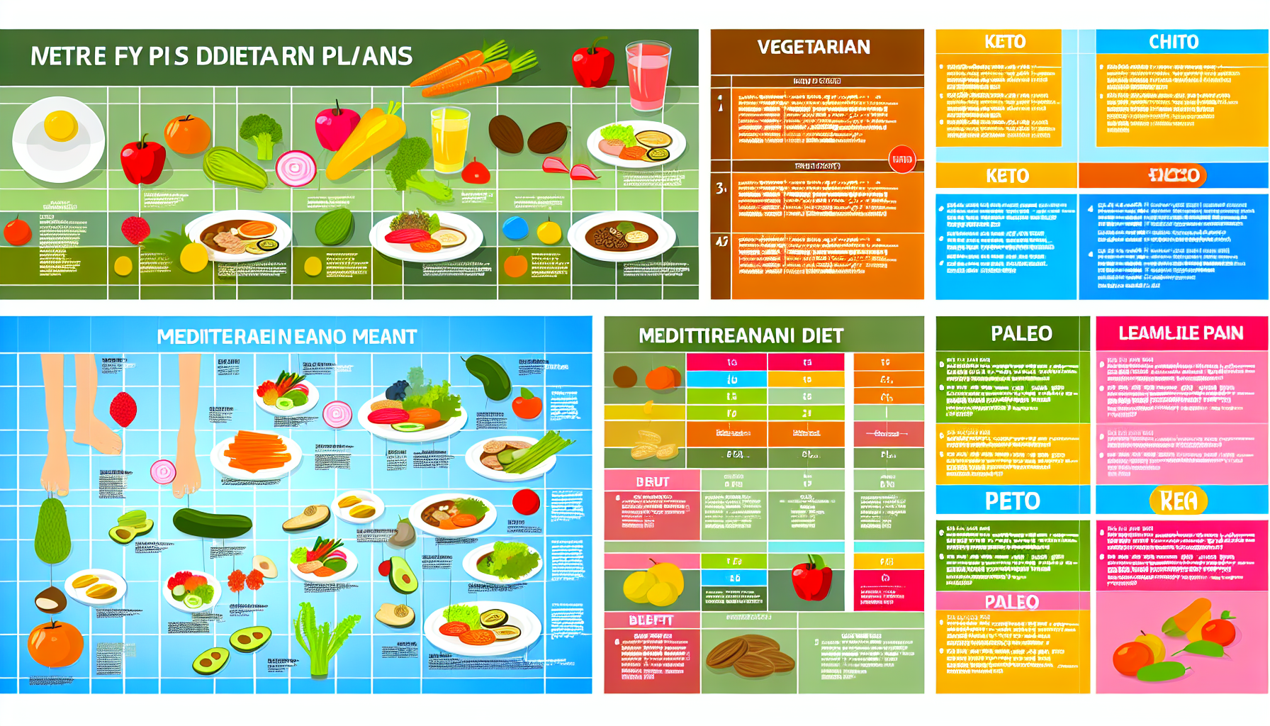 diäten: grundlagen, vorteile und vegetarische optionen 3 eine detaillierte illustration verschiedener arten von ernã¤hrungsplã¤nen. zeigen sie farbenfrohe tabellen und diagramme, die die mahlzeitenplã¤ne fã¼r vegetarische, ketogene, palã¤o- und mediterrane diã¤ten umreiãŸen. jede sollte die empfohlenen lebensmittelarten, portionsgrã¶ãŸen und vorteile enthalten. gestalten sie dies klar und ansprechend, geeignet fã¼r ein infografik-poster.