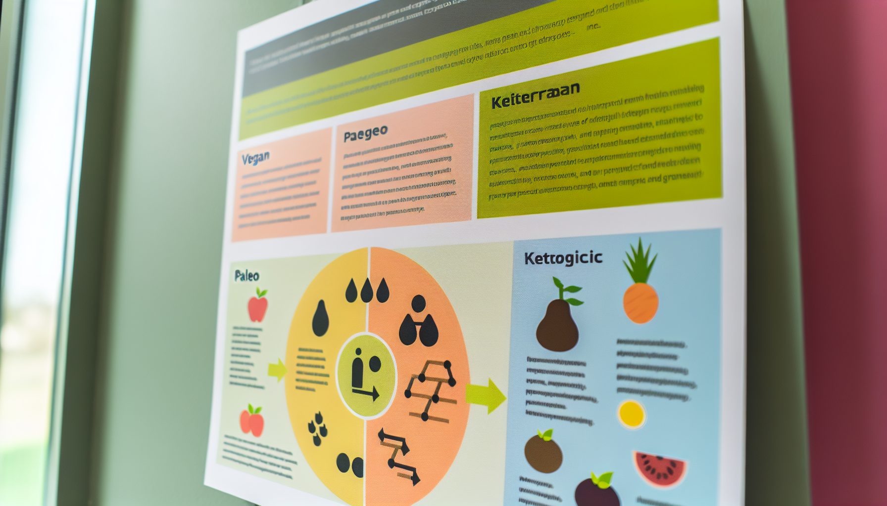 diäten: definition, typen und tipps für den erfolg 3 ein diagramm, das verschiedene arten von diã¤ten zeigt, wie vegan, paleo, ketogen und mediterran, wobei jede diã¤t durch ein einzigartiges symbol dargestellt wird. das diagramm sollte die hauptbestandteile jeder diã¤t anzeigen, mit symbolen, die frã¼chte, gemã¼se, proteine und getreide reprã¤sentieren. neben dem diagramm befindet sich ein text, der die prinzipien und vorteile jeder diã¤t erklã¤rt.