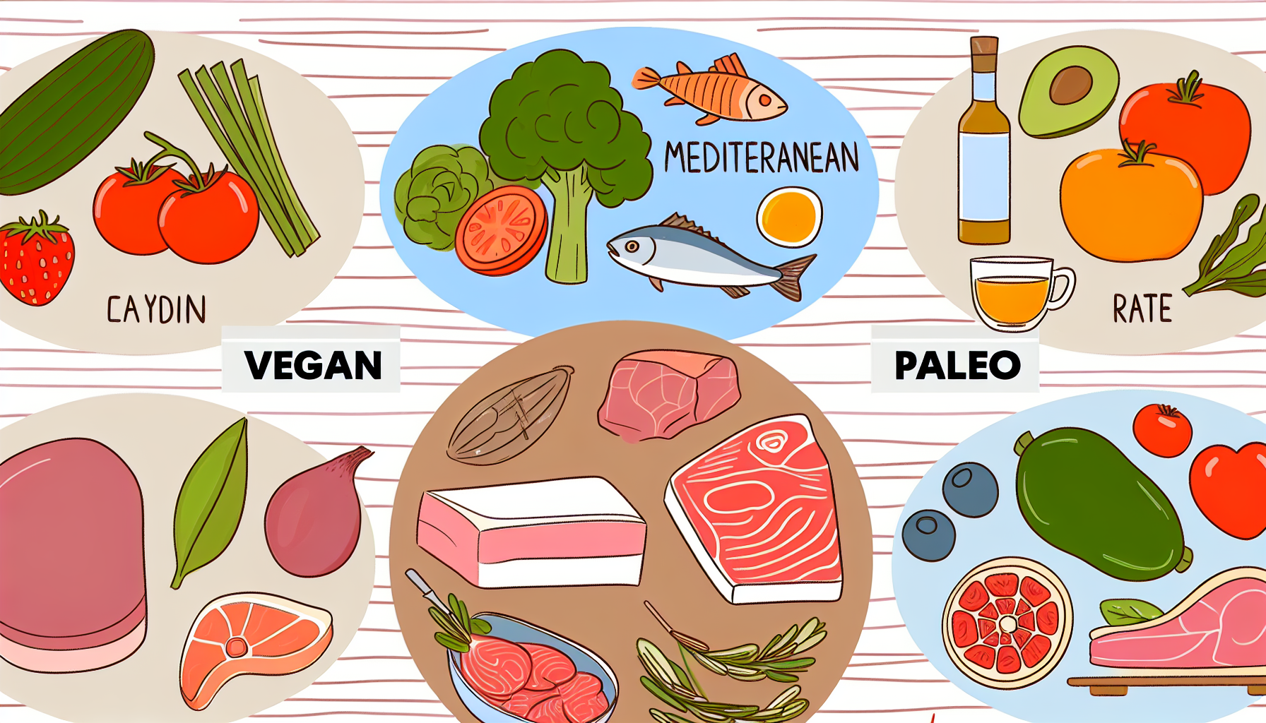 diäten: grundlagen, vorteile und vegetarische optionen 2 ein bild, das verschiedene arten von diã¤ten darstellt. beispiele kã¶nnten die mediterrane, vegane, palã¤o und ketogene diã¤t sein. illustrieren sie sie mit verschiedenen lebensmitteln, die typischerweise mit jeder diã¤t assoziiert werden, wie frisches obst und gemã¼se fã¼r die vegane diã¤t, fisch und olivenã¶l fã¼r die mediterrane diã¤t, fleisch fã¼r die palã¤o diã¤t und fettreiche, kohlenhydratarme lebensmittel fã¼r die ketogene diã¤t.