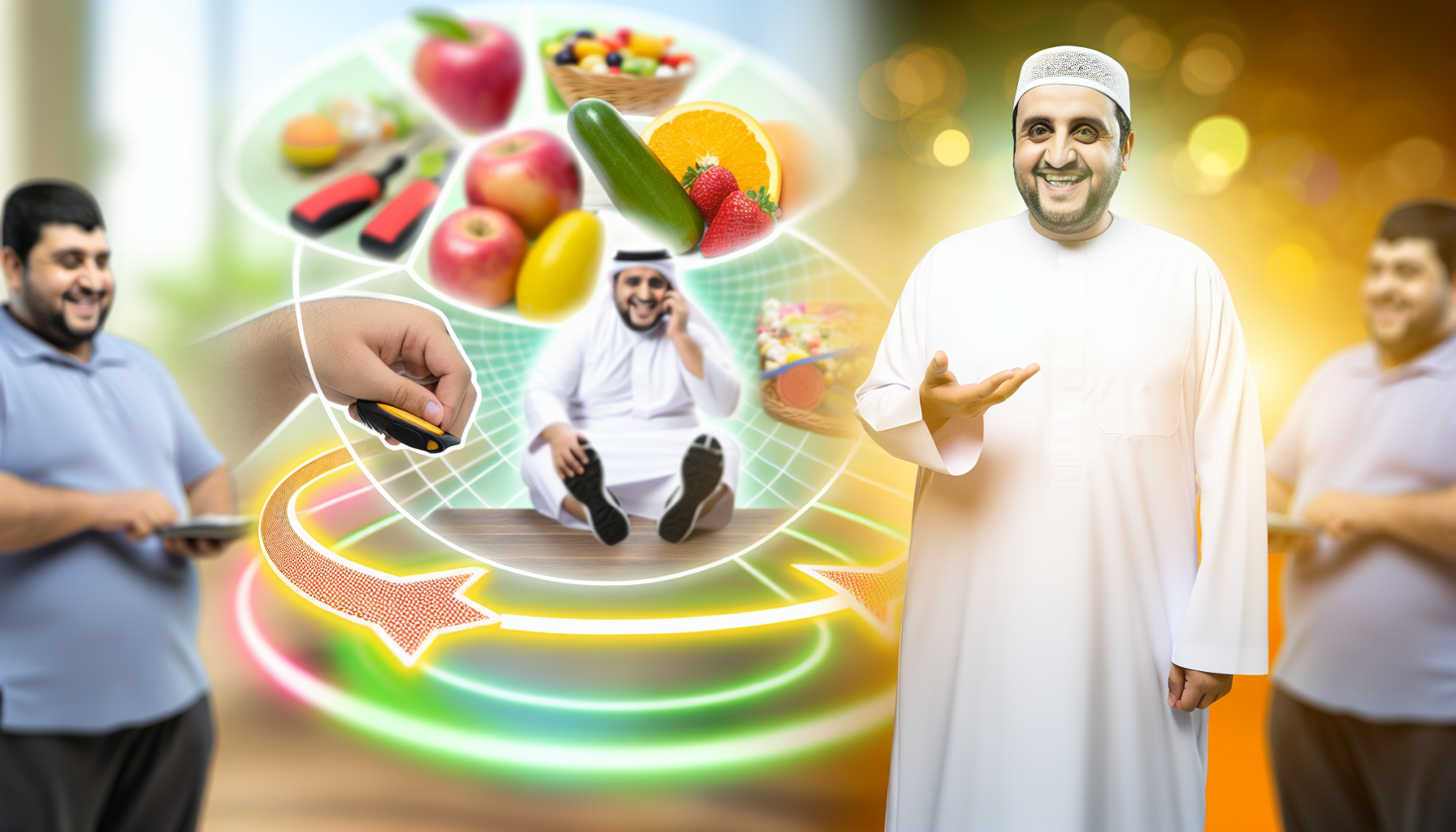 bedeutung einer ausgewogenen ernährung für die gesundheit 3 eine darstellung von gesundheit und wohlbefinden wã¤hrend einer gewichtsabnahme-reise. fokussieren sie sich auf elemente, die gesunde entscheidungen symbolisieren, wie nahrhafte lebensmittel, fitnessgerã¤te und eine ruhige umgebung. integrieren sie eine person, die glã¼cklich mit diesen elementen interagiert und eine positive einstellung zu ihrer gesundheit zeigt. die person sollte ein mittelã¶stlicher mann sein, der von ã¼bergewichtig zu fit fortschreitet und sichtbar die positive verã¤nderung seiner figur im laufe der zeit demonstriert. denken sie daran, positivitã¤t, motivation und durchhaltevermã¶gen in der szene zu verkã¶rpern.