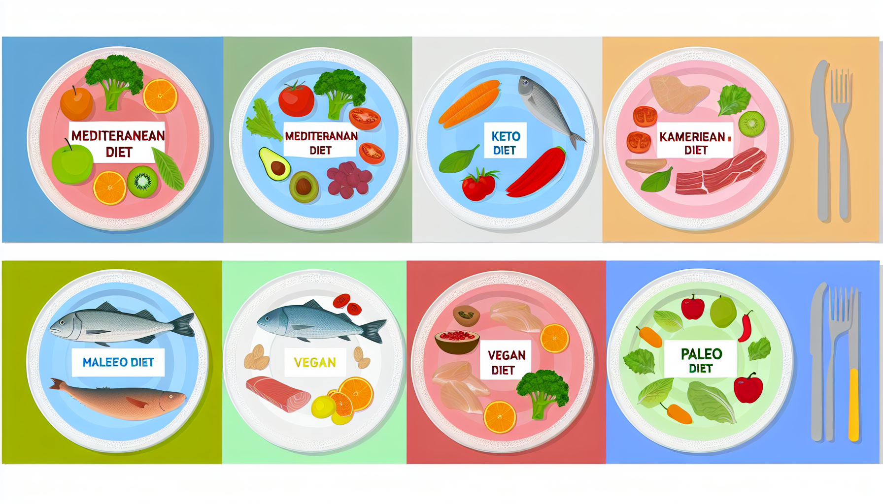umfassender leitfaden zu diäten: arten, vor- und nachteile 2 eine visuelle darstellung verschiedener diã¤tarten. dazu gehã¶rt eine mediterrane diã¤t mit frischen frã¼chten, gemã¼se und fisch, eine keto-diã¤t mit hohem fettgehalt und niedrigen kohlenhydraten, eine vegane diã¤t, die aus pflanzlichen lebensmitteln besteht, und eine paleo-diã¤t mit magerem fleisch und frã¼chten. jede diã¤t wird auf einem separaten, bunten teller dargestellt, mit einer beschriftung darunter, die die art der diã¤t beschreibt.